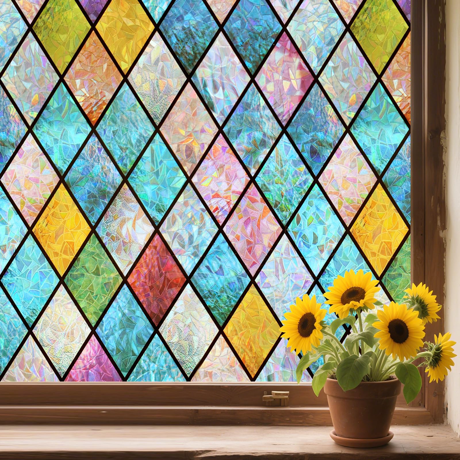 WPCTEV 3D Window Film No Glue Privacy for Glass Sticker Static Cling Heat Control Anti UV Non-Adhesive Decorative Rhombus 29.5 Inch x 6.5 Feet