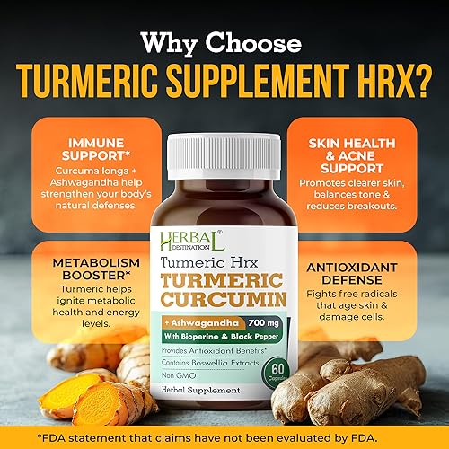 Miniatura 3 de Suplemento de cúrcuma Hrx, suplemento inmunológico, refuerzo del metabolismo, suplemento de apoyo articular con curcumina de cúrcuma, boswellia,