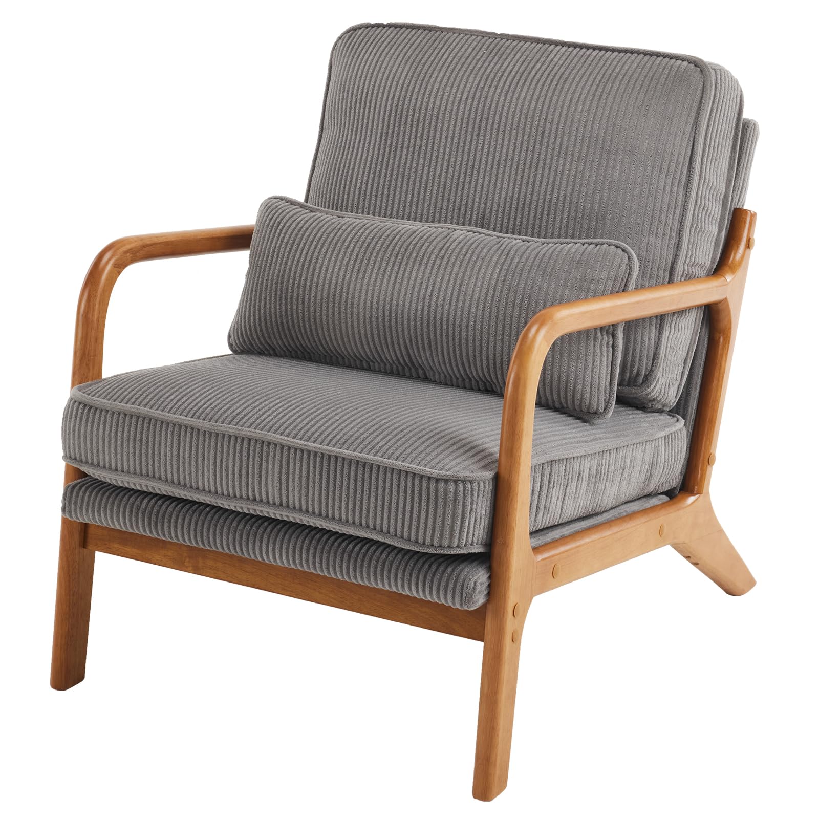 VINGLI Arm Chairs,Mid Century Modern Accent Chairs with Solid Wood Frame,Comfy Upholstered Armchair with Lumbar Pillow,Chairs for Living Room,Bedroom,Small Spaces,Corduroy (Light Grey)