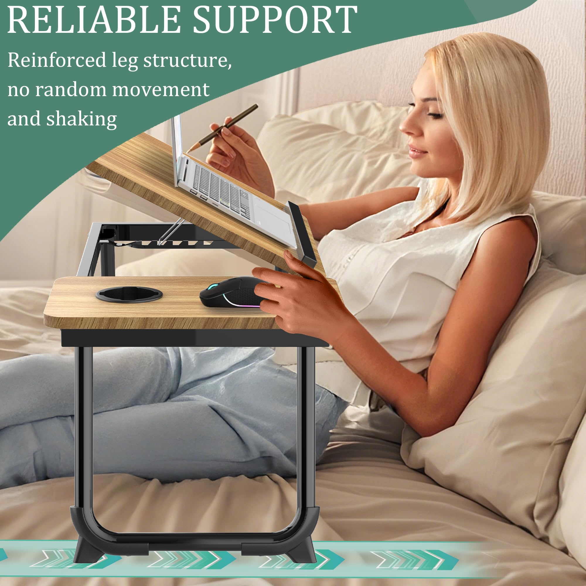Soontrans Mesa para Cama 63 x 27 x 33 CM, Mesa Cama con Portavasos, Ángulo Ajustable, para Sofa, Suelo, Trabajar, Estudiar, Leer, Plegable (Madera)