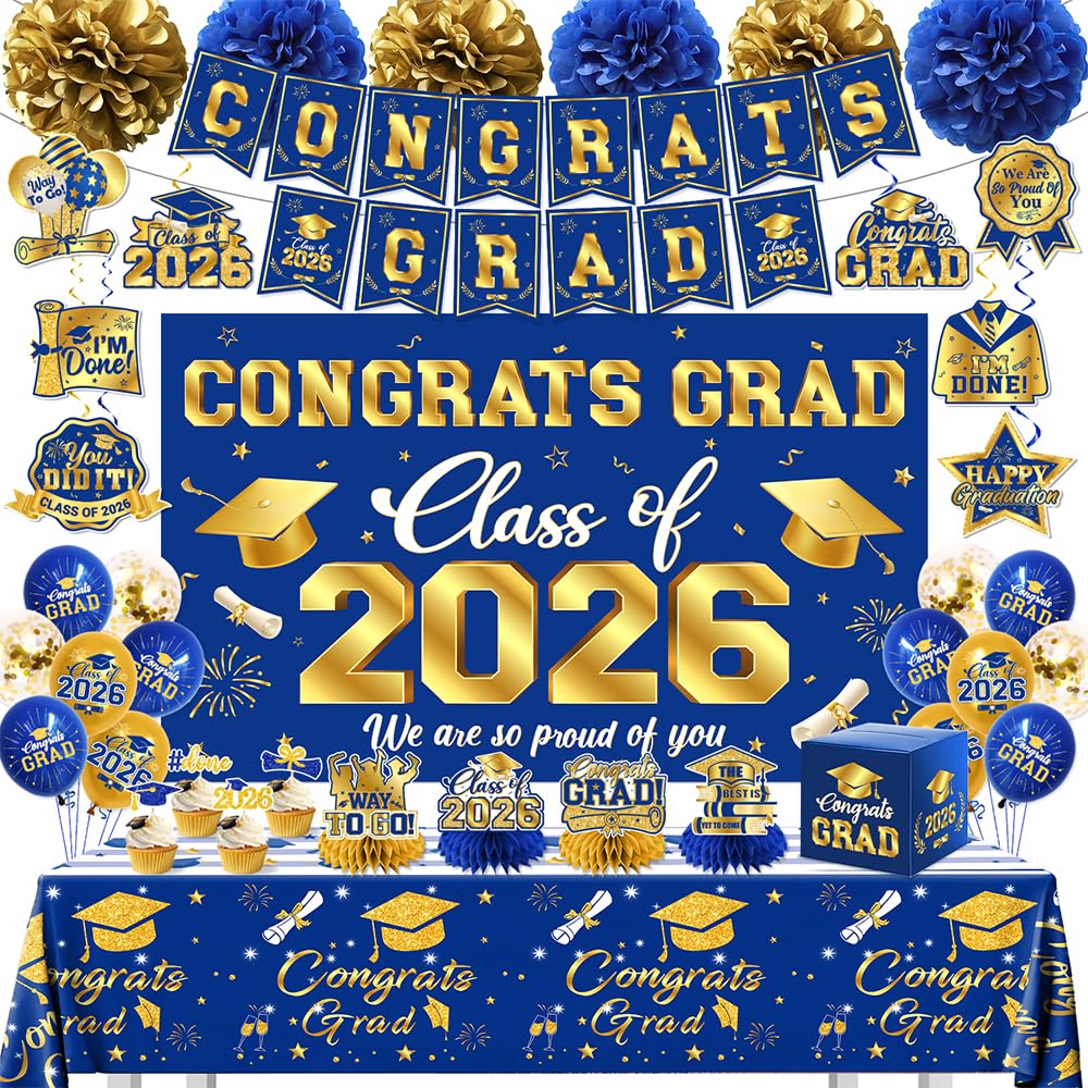 Photo 1 of 2026 Graduation Decorations Kit - Blue and Gold Class of 2026 Party Decor with Congrats Grad Banner Backdrop Hanging Swirls Paper Pompoms Balloons for High School College Graduation Party Supplies