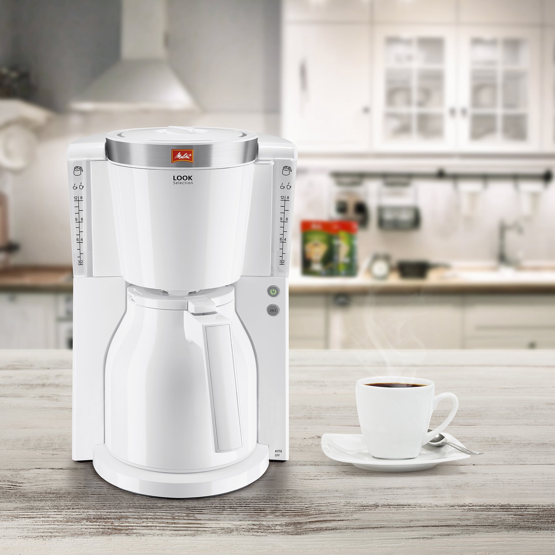 Melitta Cafetière à Filtre avec Verseuse Isotherme, Sélecteur d’Arôme, Look Therm Selection, Blanc/Acier Brossé, 1011-11