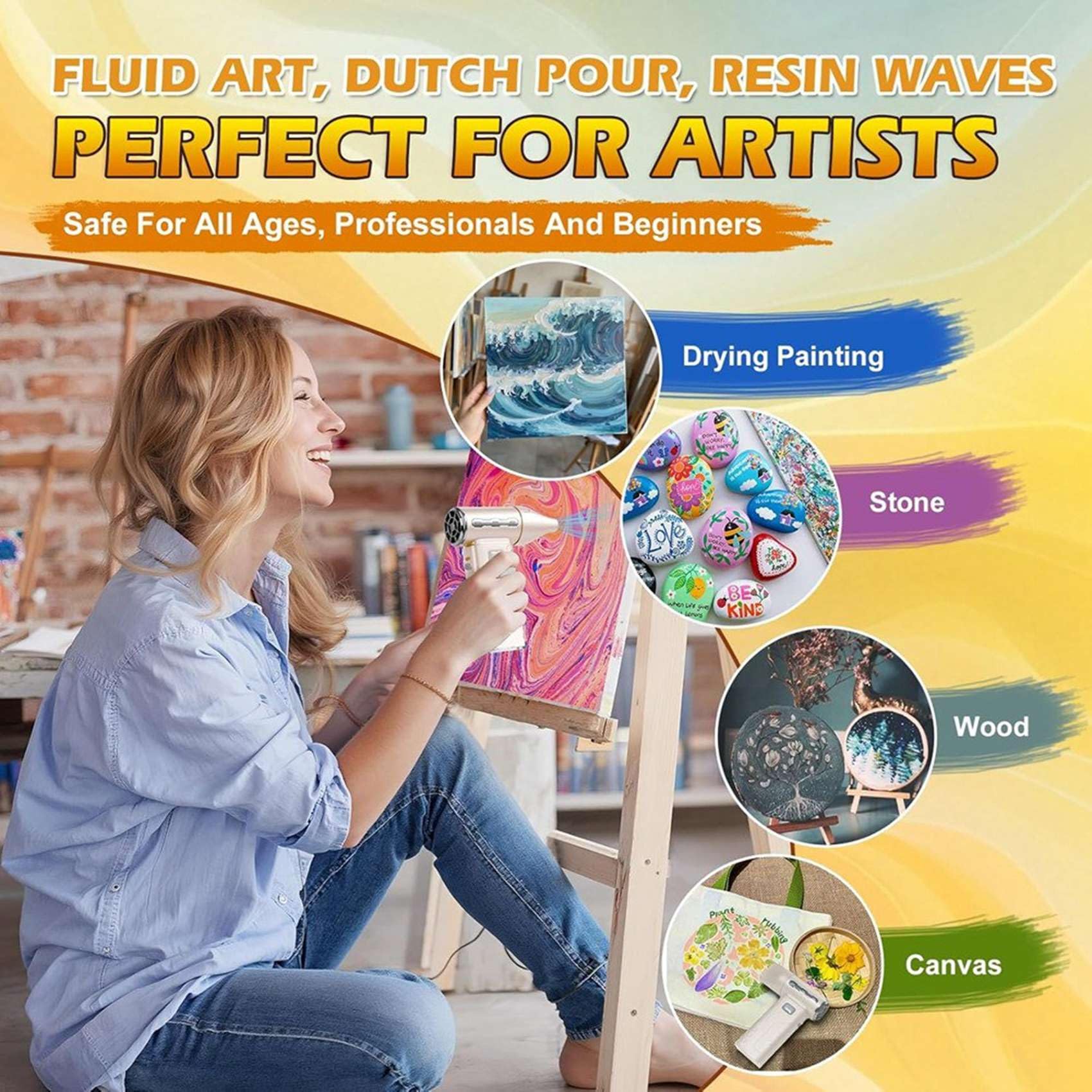 Mini-Farbtrockner, schnurloses Ausgießgebläse für Acrylfarbe, 3 Düsen, 5 Geschwindigkeiten einstellbar für flüssige Kunst für flüssige Kunst