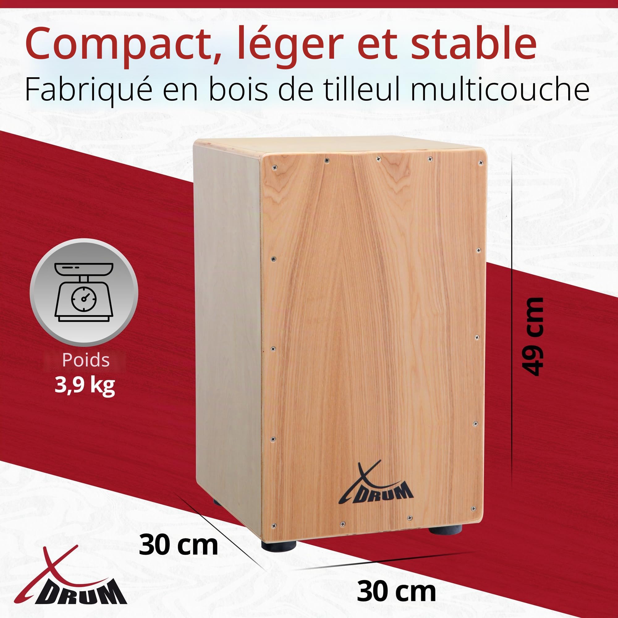 XDrum Cajon Primero Naturel incl. école de cajon et sac, Corps: tilleul | Surface de frappe: tilleul, Face avant vissée, Construction afro-péruvienne, Trou de son à l’arrière, Poids: 3, 9 kg