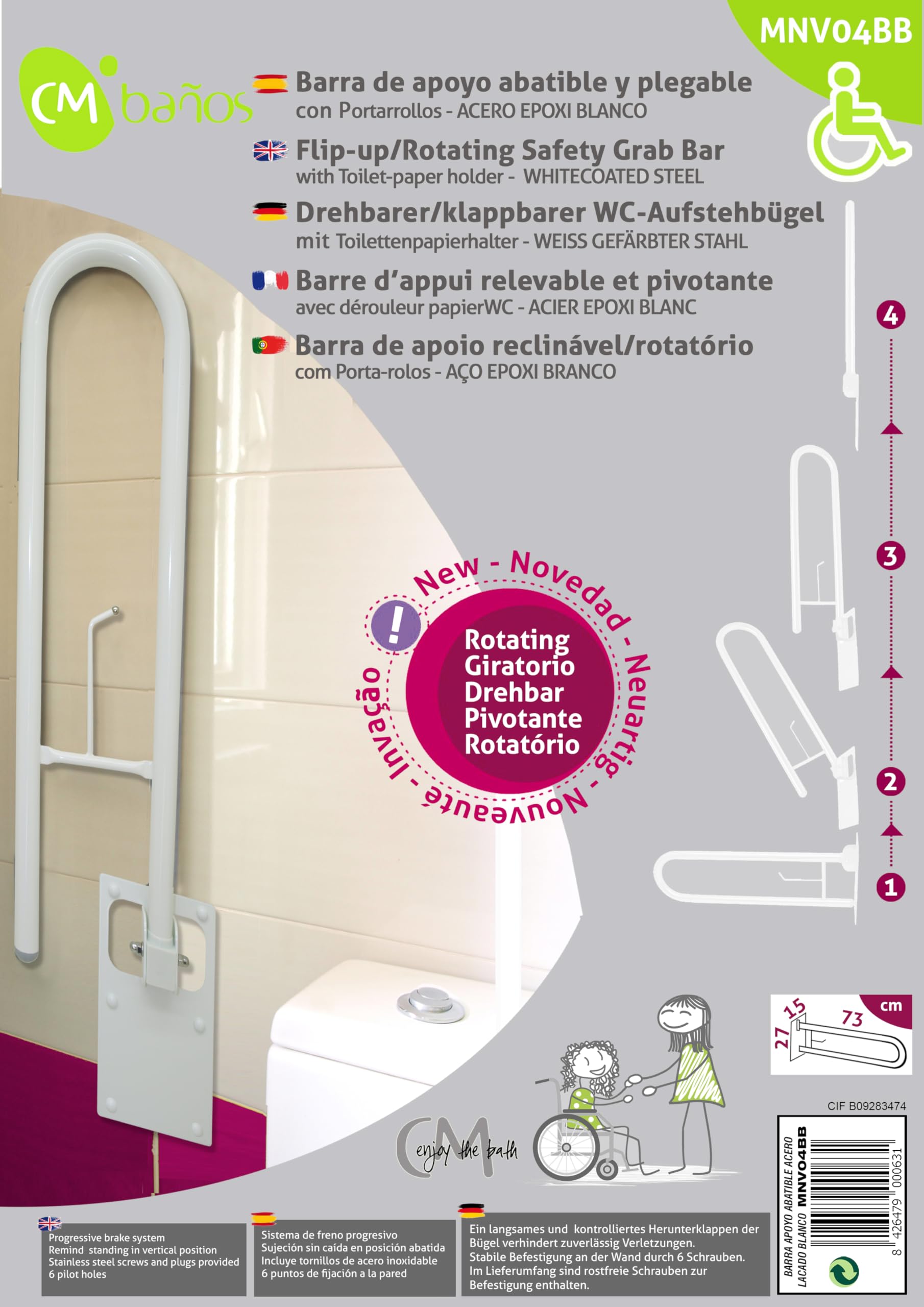 Barra Abatible de Acero Con Portarrollos Incorporado, Barra Baño Minusválido, Barra WC Seguridad, Giratoria y de Plegado Compacto a Pared, Blanco Mate, 73 cm