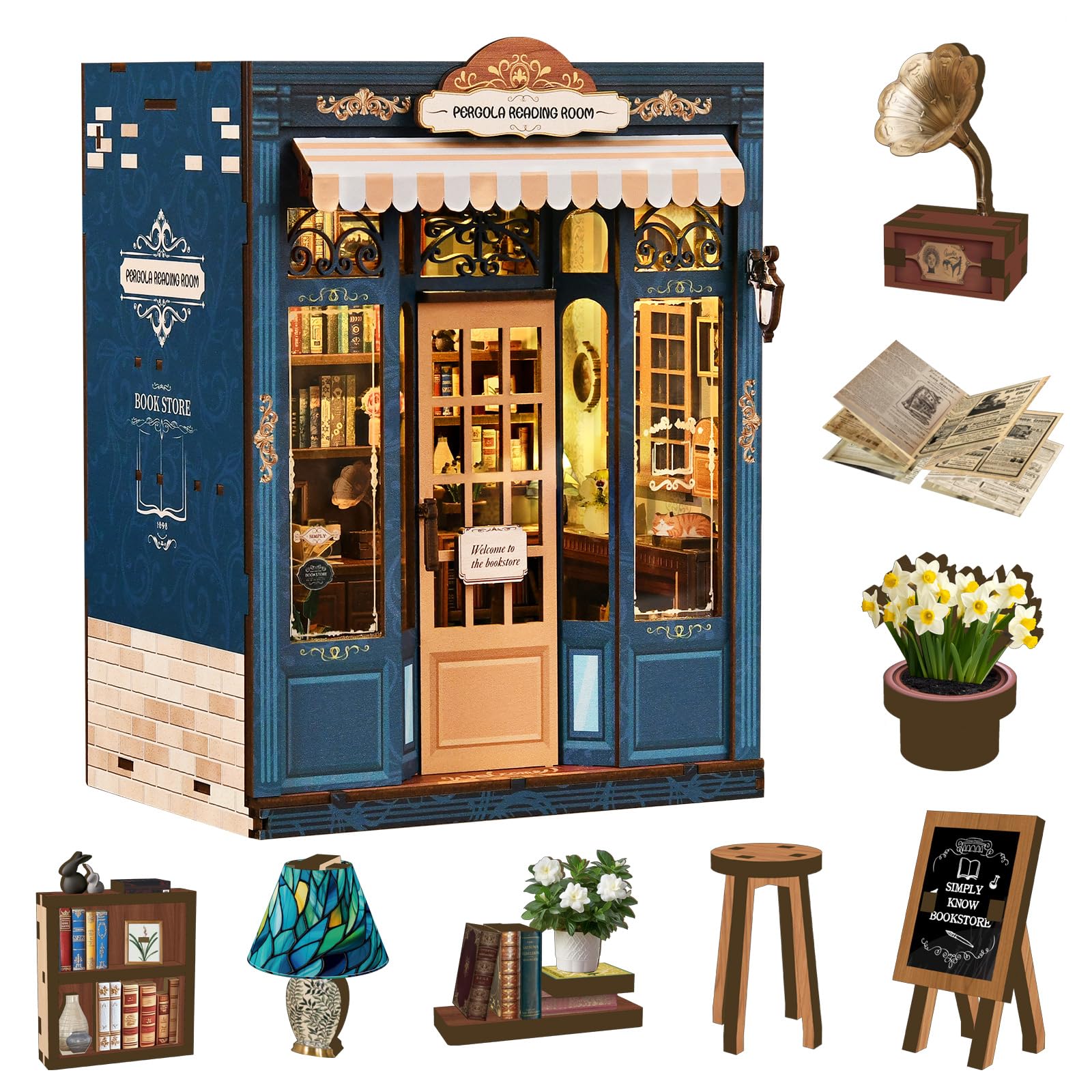Shrike Book Nook Kit - DIY Miniaturhaus Holzpuzzle Puppenhaus, 3D Puzzle Buchstütze mit LED-Beleuchtung | Bücherregal & Hausdekoration Bastelfans, Familie und Freunde,Library
