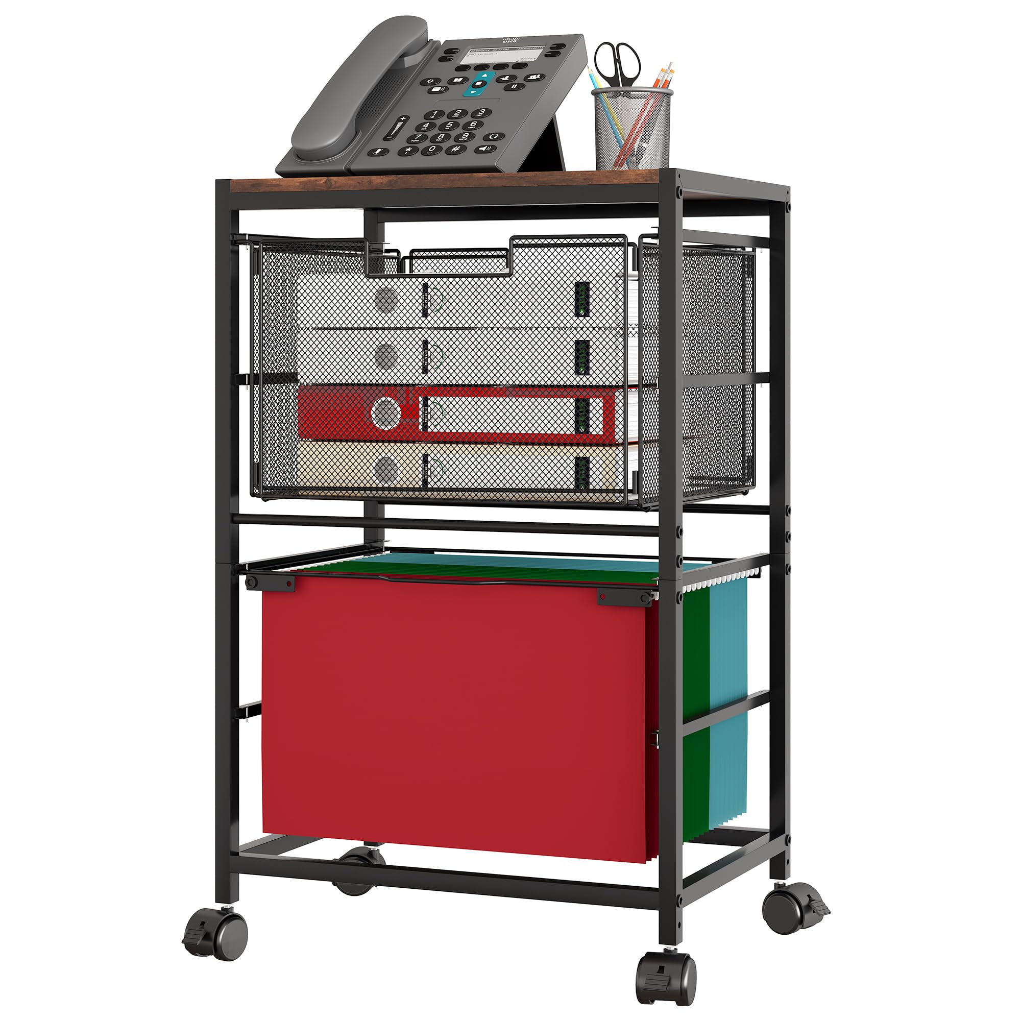 Carrello per schedario con rotelle, sotto la scrivania, con cassetti, schedario su ruote con organizer per cartelle sospese, per casa, ufficio, scuola, nero