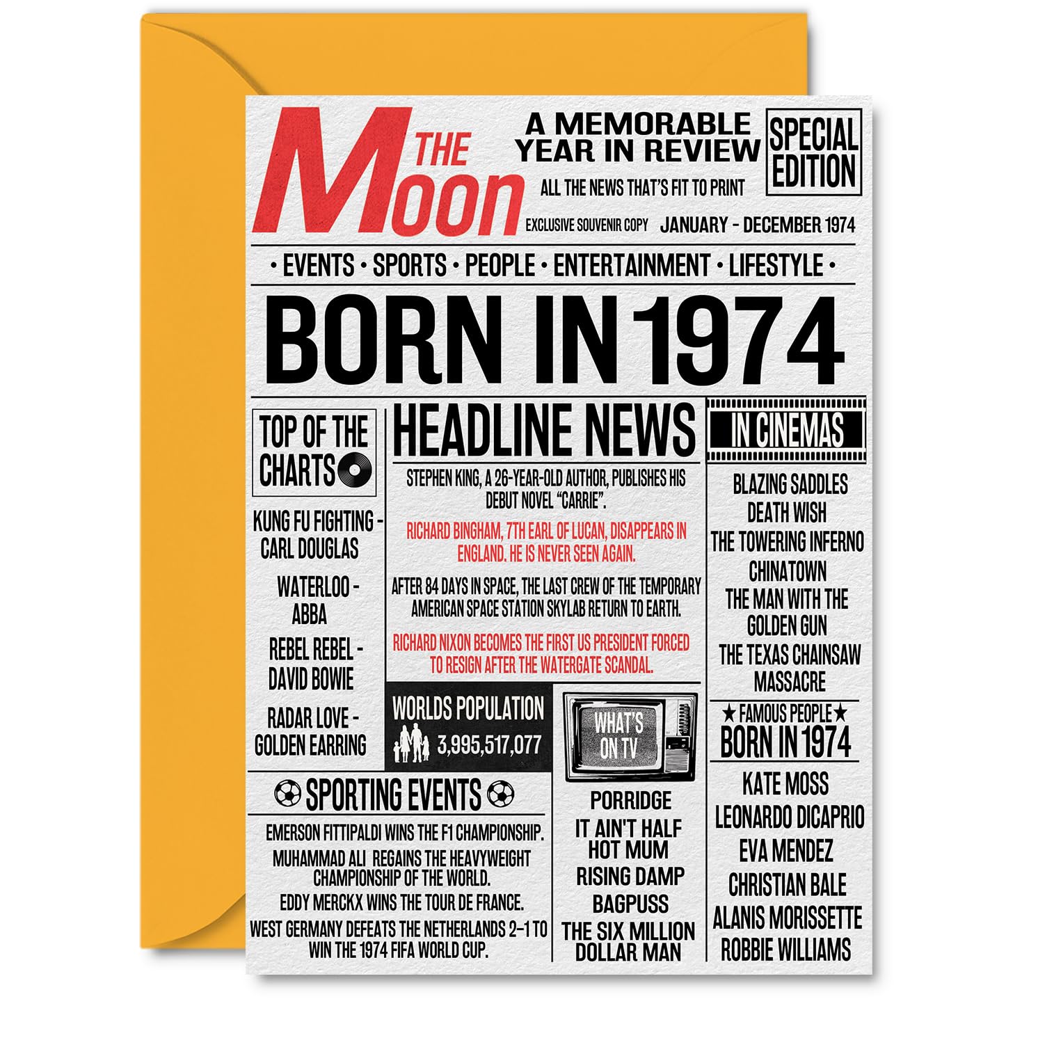 52nd Birthday Cards for Women Men - Born In 1974 Newspaper - Happy 52 Birthday Card for Dad Mum Aunt Uncle Vintage Retro Back In 1974, A5 Bday Greeting Cards