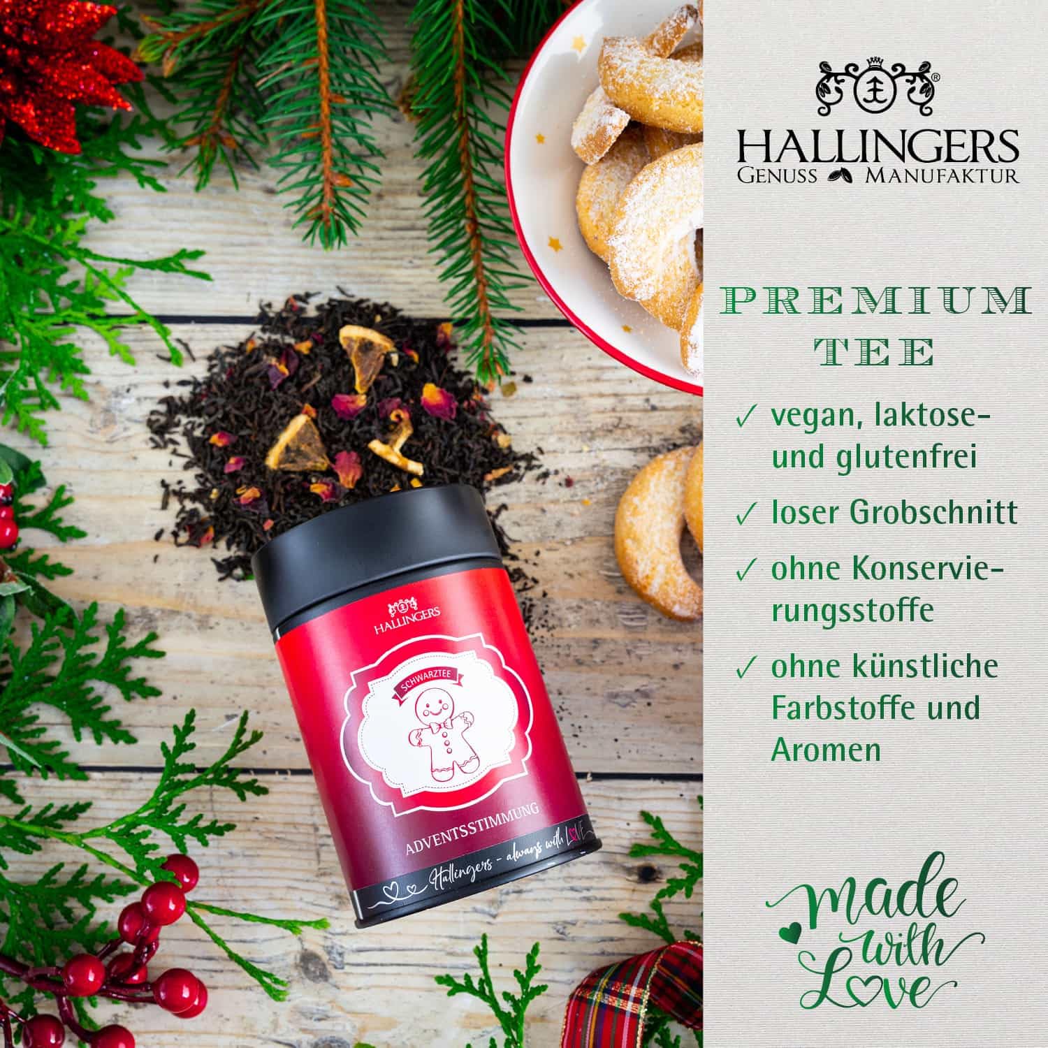 Hallingers Genuss Manufaktur Feinkost Weihnachts-Geschenk-Set - XXL-Geschenkkorb "Best of Christmas" großes Mitbringsel Schokolade, Tee, 9er Pralinen & Meistergriller-Gewürz, Weihnachten für Frauen