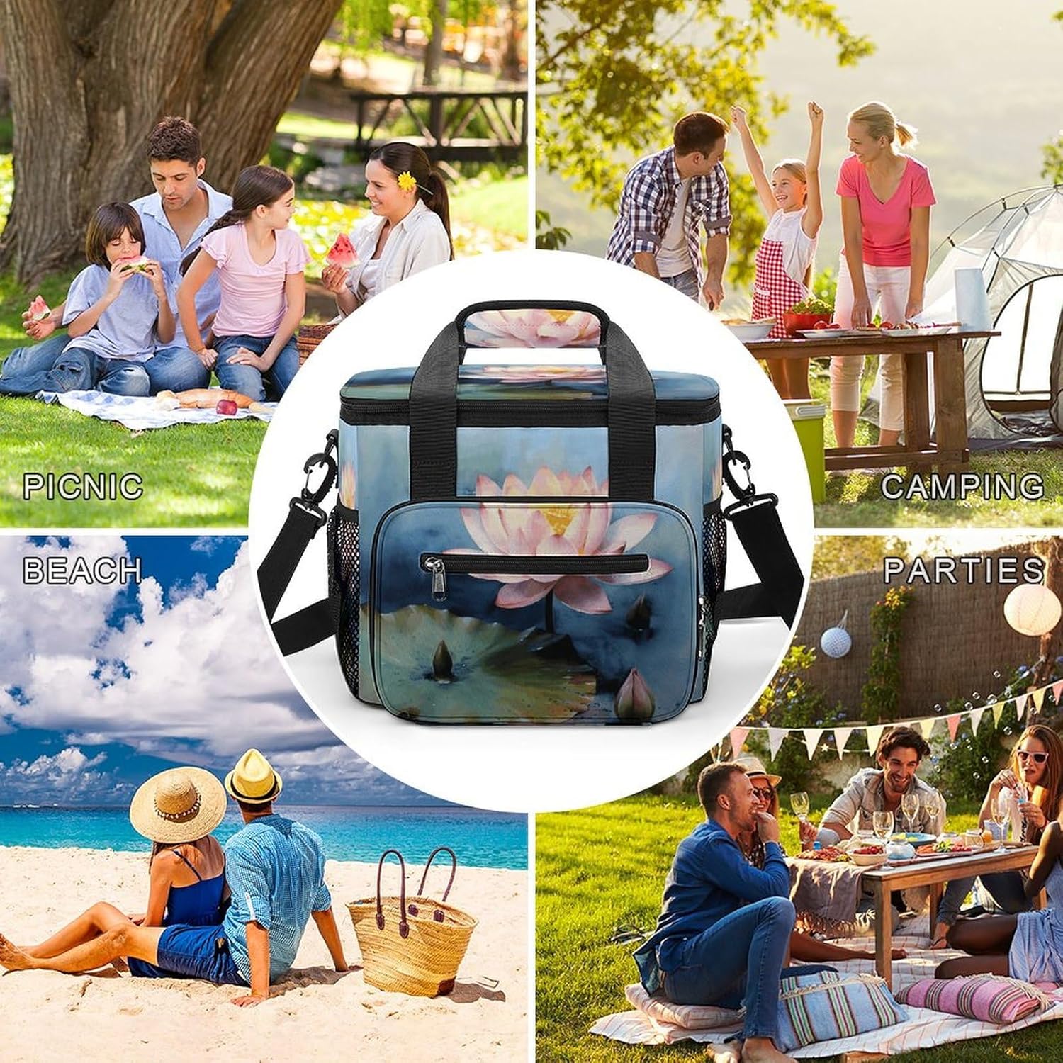 Lotus Flower Painting Cooler Bags Portable Soft Cooler Bag Lightweight Ice Chest Insulated Lunch Bags Camping Cooler Bag Cooler Lunch Tote Coolers for Picnic Travel Beach
