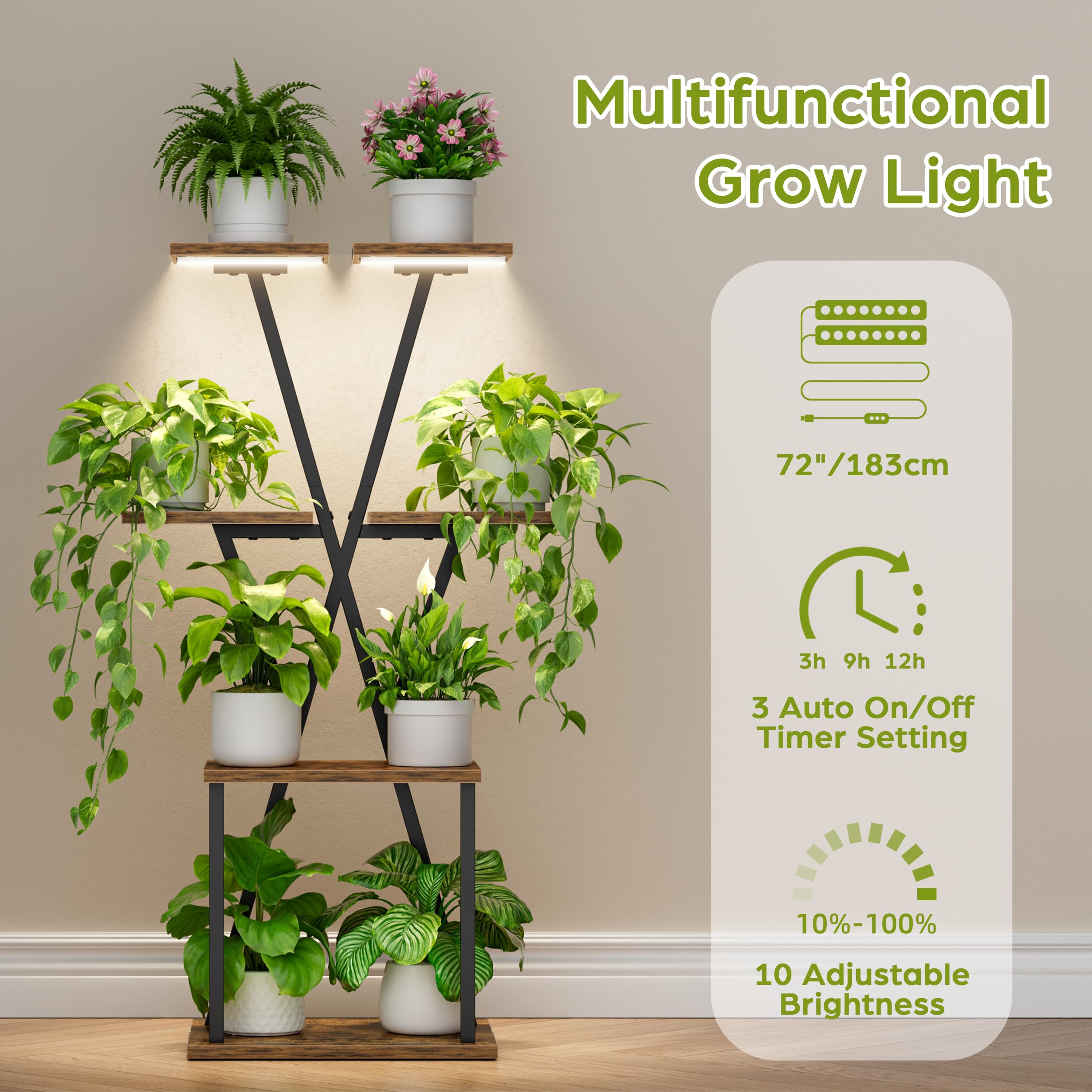 Supporto Per Piante 7 Livelli 152cm Con Luci LED Integrate, Nero
