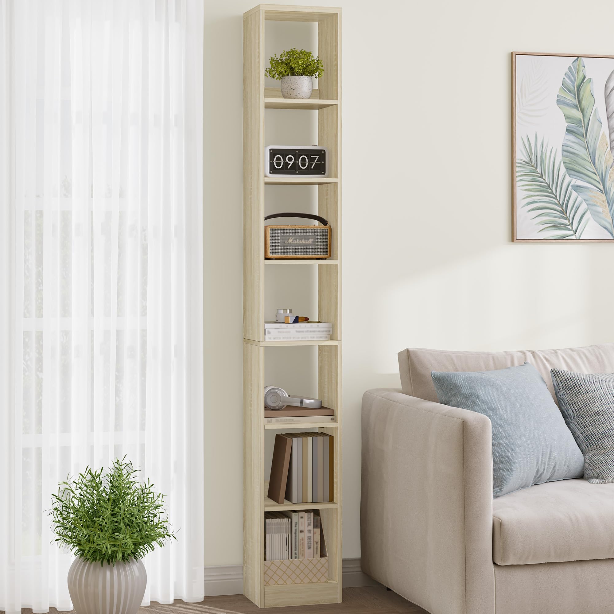 Hzuaneri Bücherregal, 7-Tier Bücherschrank, Würfelregal, Modernes offenes Regal aus Holz, Aufbewahrungsregale und Präsentationsregale für Wohnzimmer, Home Office, Schlafzimmer, Eichenbeige BC79716X