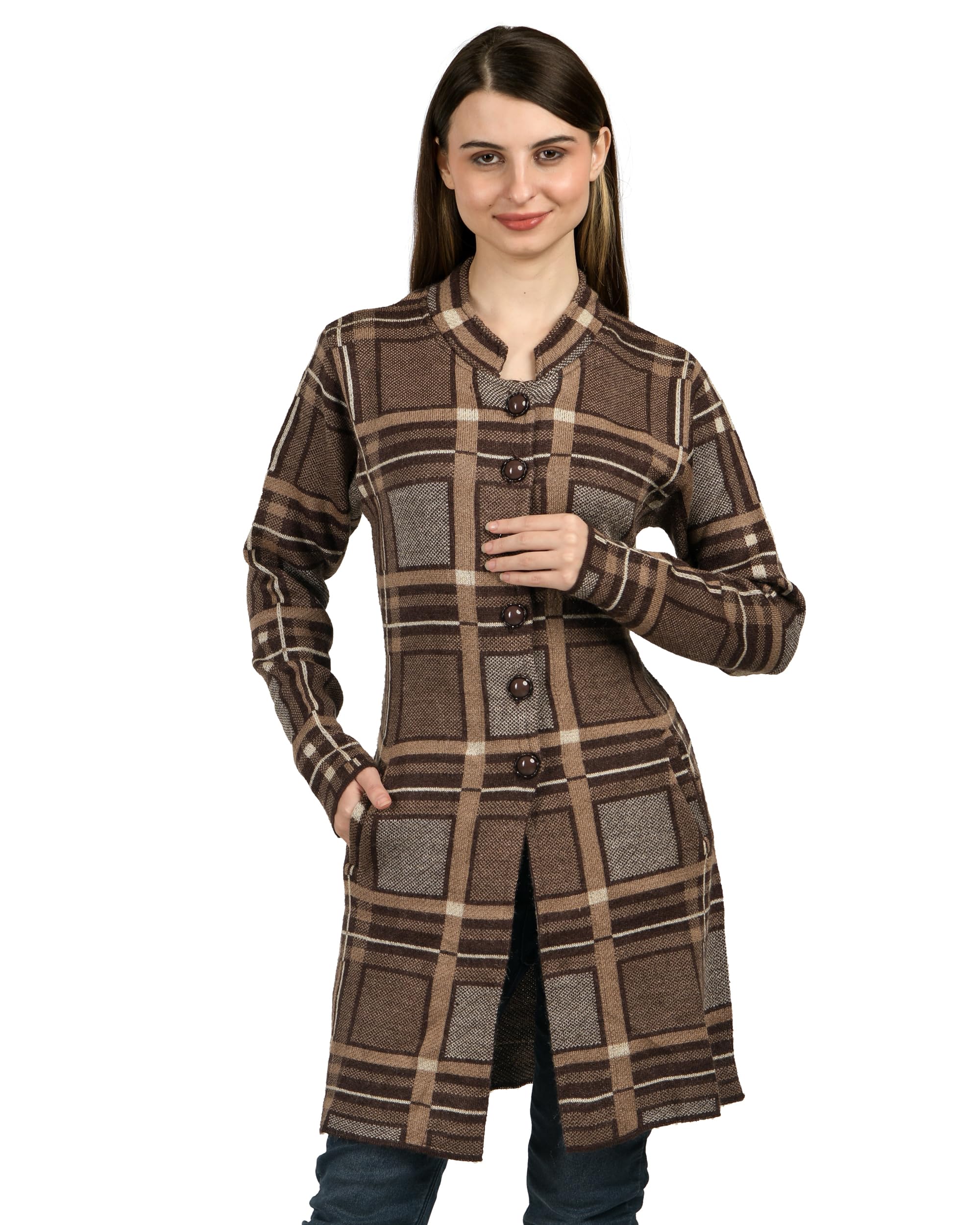 ladywillington Women Woolen Long Coat Warm Fabric Cardigans Winter Wear Pure Wool Sweater for Women 100% Rainbow Wool Free Size Soft Cardigans with Side Pockets-picture-17