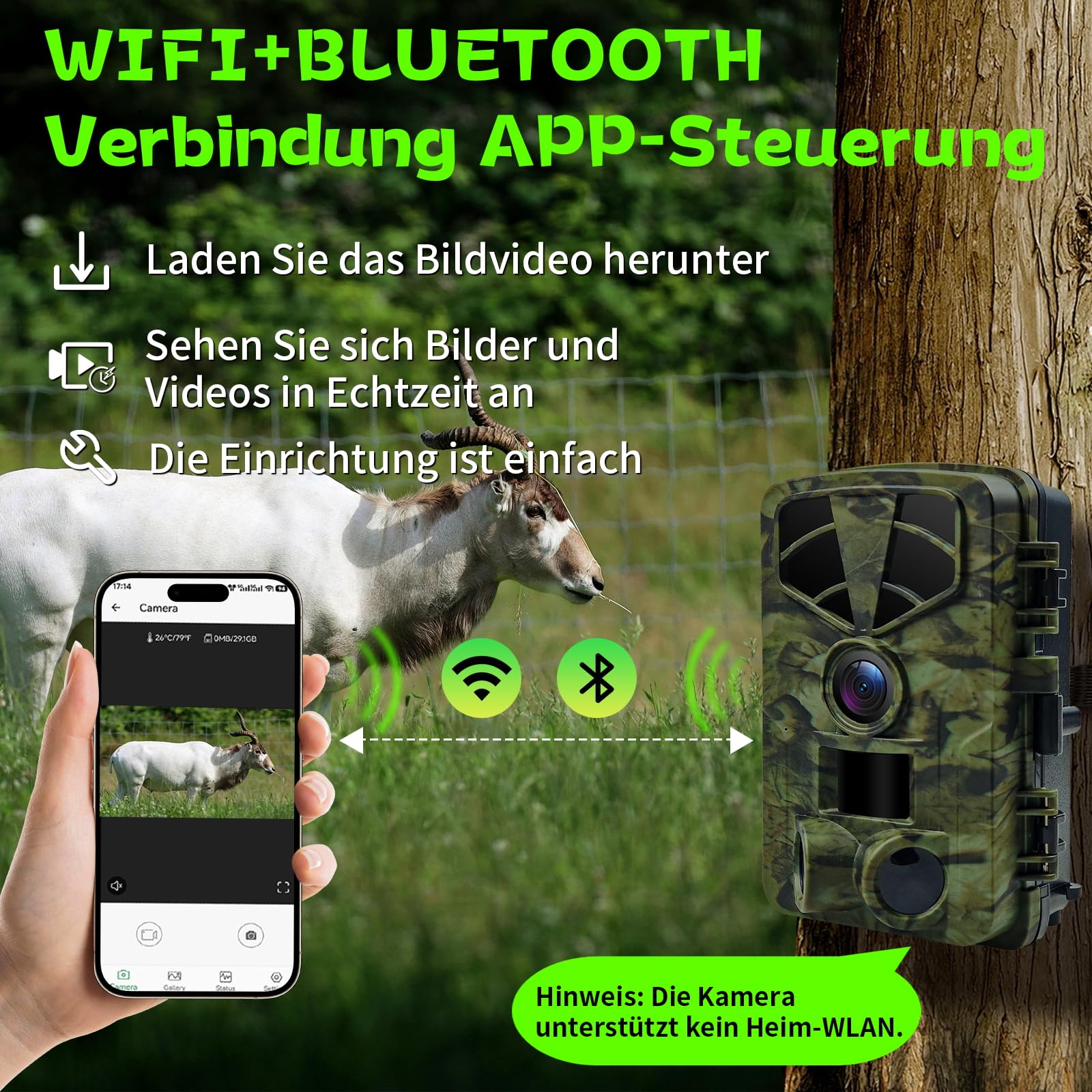Wildkamera WLAN, 1296P 60MP Wildkamera mit Handyübertragung App, Wildtierkamera mit Nachtsicht Bewegungsmelder, 0,1s Auslösezeit, IP66 Wasserdichter für die Überwachung von Wildtieren