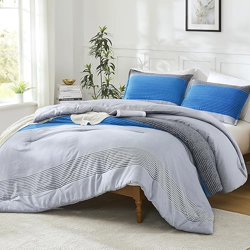 Miniatura 21 de Litanika Juego de edredón tamaño Queen, color gris claro, 3 piezas, ligero, gris y blanco, a rayas, esponjoso, juego de cama para todas