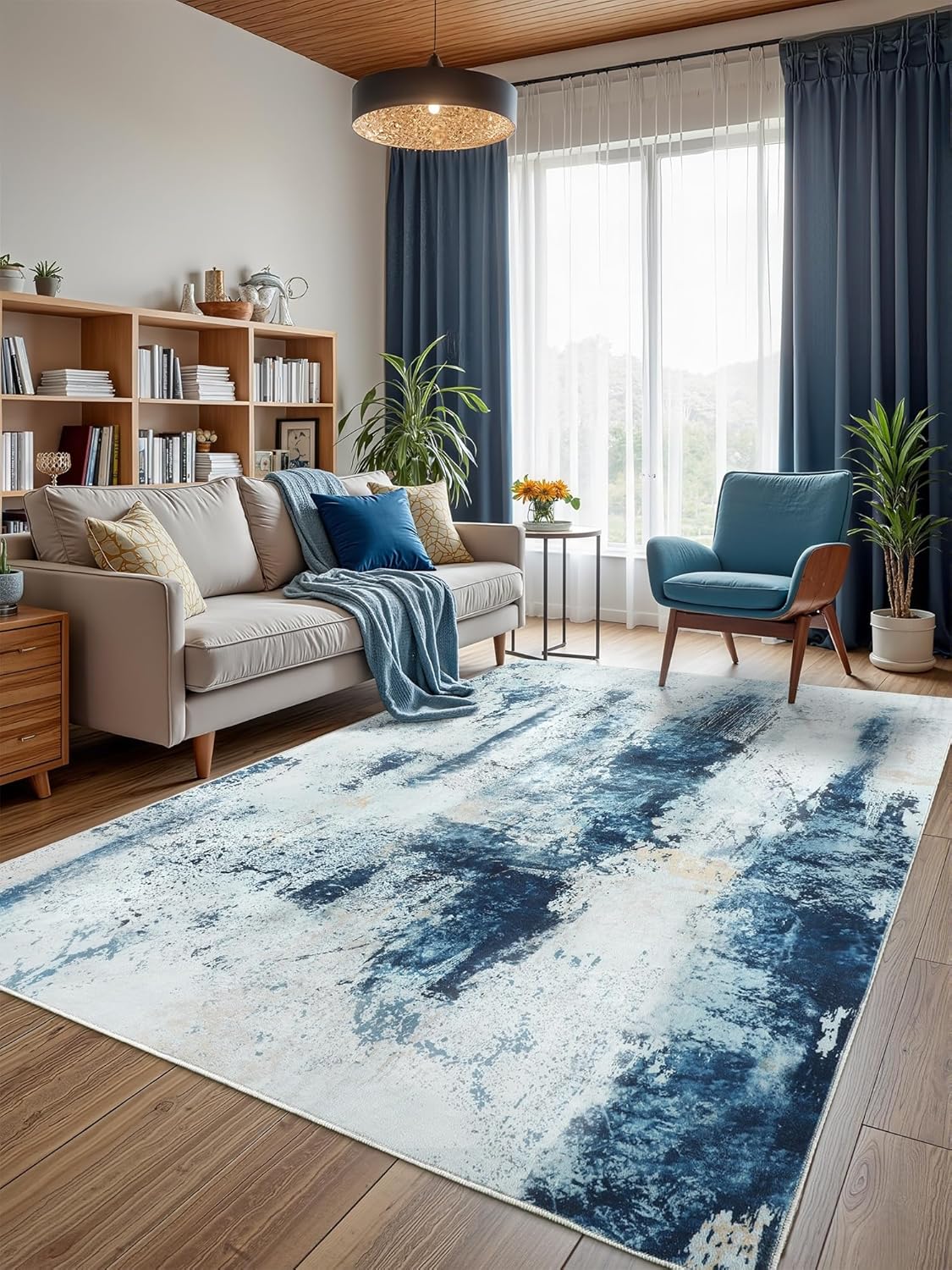 Washable Abstract Rug, 4x6 Modern Area Rugs with Non-Slip Rubber Backed for Living Room, Thin but Soft Contemporary Carpet Kitchen Bedroom Decor, Blue White Blue 4' x 6' (Rectangular)