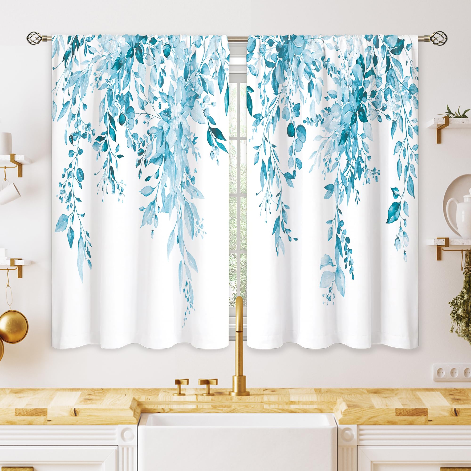 oolygoo Blue Eucalyptus Botanical Leaves Floral Kitchen Window Curtains Over Sink Farmhouse Flower Spring Small Window Treatment Cafe Short Curtains for Bathroom Treatment Tier Drapes 26x36 inch — image 1