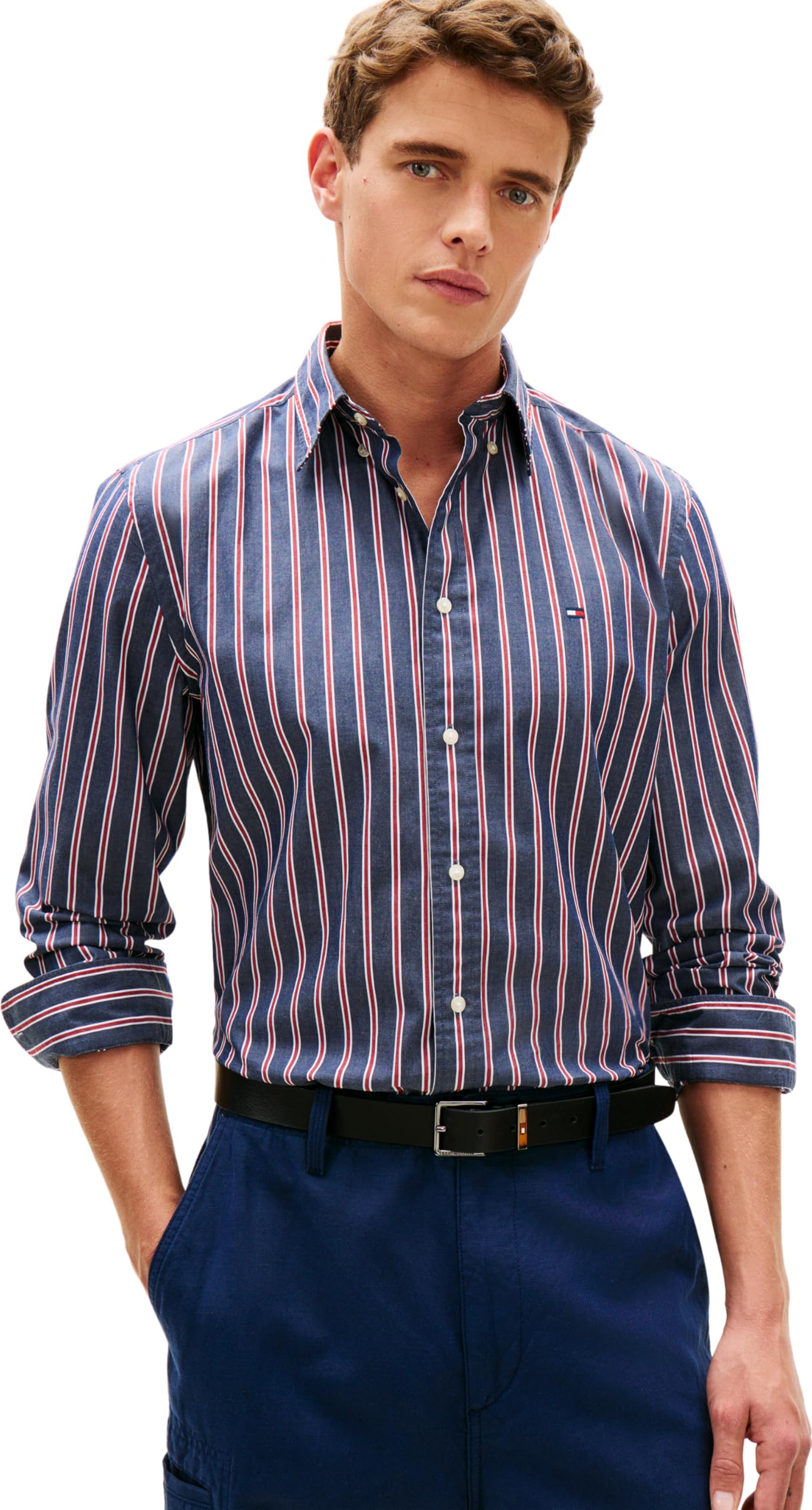 Tommy Hilfiger Men's Flex Poplin Bold Stripe Rf Shirt Mw0Mw39159, Blue, L
