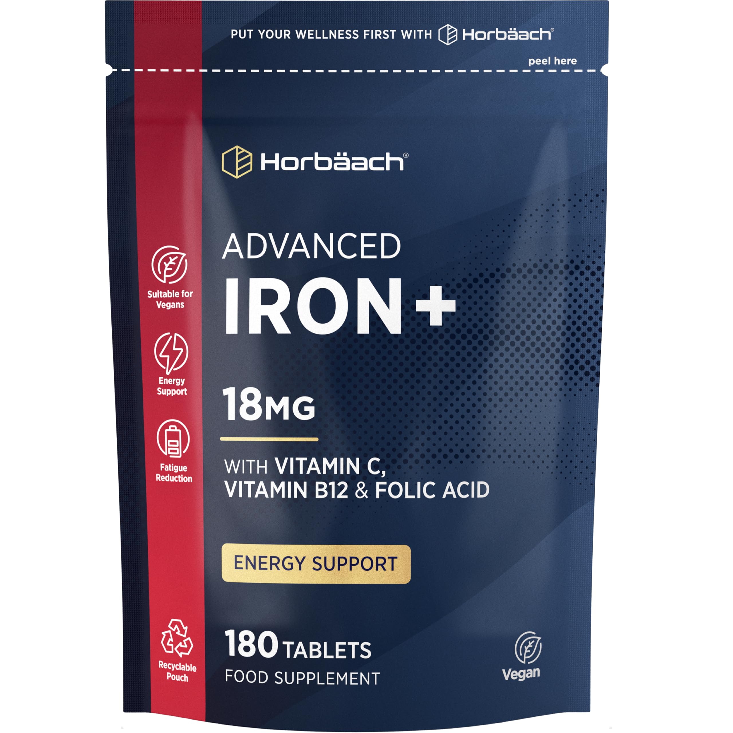 Iron Tablets High Strength 18mg | with Vitamin C, Folic Acid & Vitamin B12 | 180 Vegan Tablets (6 Months Supply) | Supplement for Men & Women | by Horbaach
