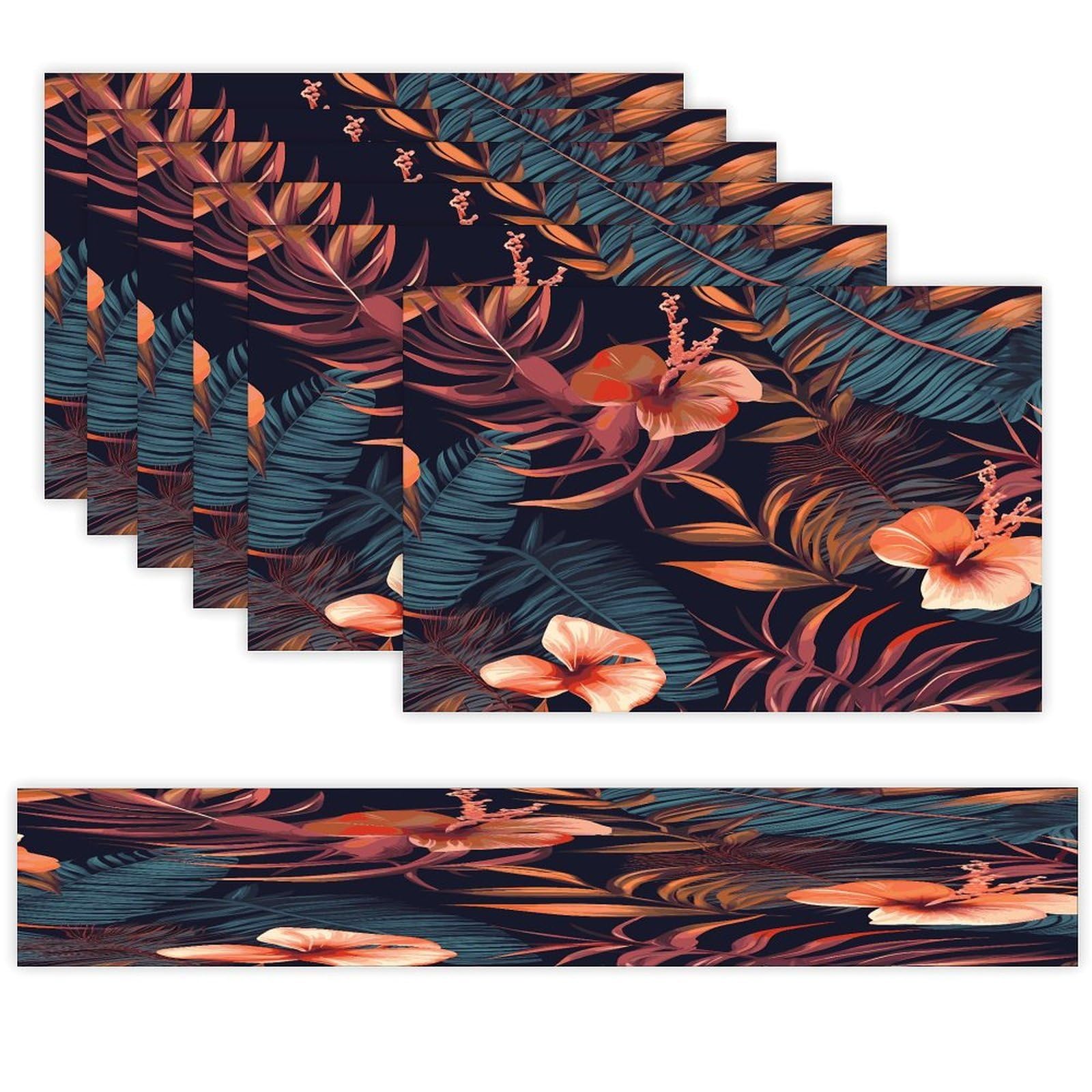Tropical Flower Table Runner and Placemats Set of 6 Wipe Clean Heat Resistant Table Mat with Table Runner Decorations Flax Linen Place Mat Set for Home Kitchen Party Supplies