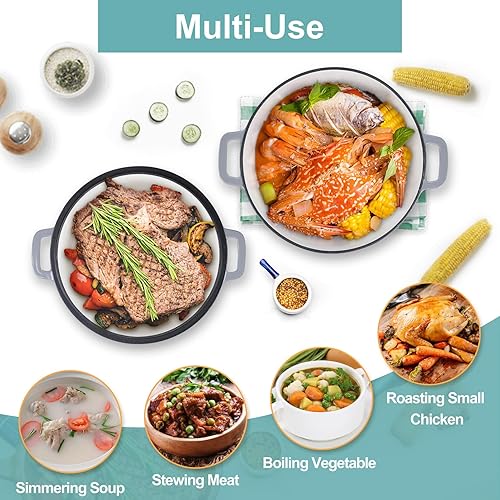 Miniatura 7 de TeamFar Horno holandés de hierro fundido esmaltado de 5 cuartos de galón, olla holandesa 2 en 1 con tapa de sartén para hornear pan, estofado,