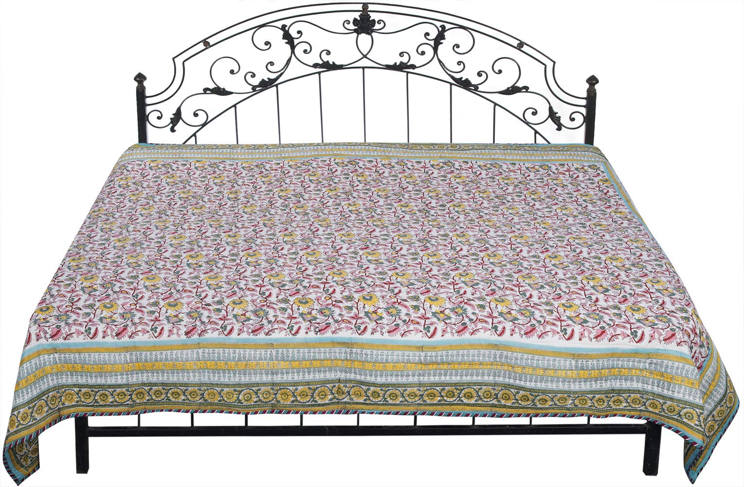 Exotic India Lily-White Reversible Jaipuri Quilt with Printed Floral Vines - Pure Cotton-picture-16