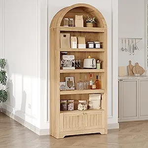 GAOMON 71" Tall Arched Book Shelf, 6-Tier Freestanding Bookshelf with Drawer and Open Display Shelves, Mid Century Modern Arched Bookcase for Living Room, Bedroom, or Home Office, Natural