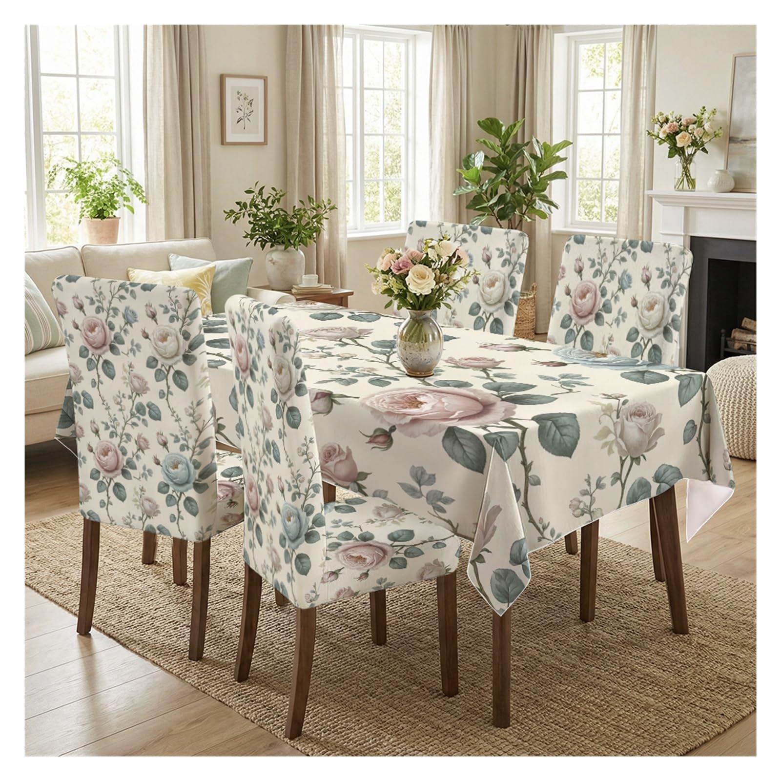 KXUAUV Soft Pastel Rose Vine Dining Chair Covers & Tablecloth Set, 5/7 Piece Vintage Botanical Slipcovers For Cottage Farmhouse Decor Party Decor(5pcs Set: Tablecloth+Chair Covers)