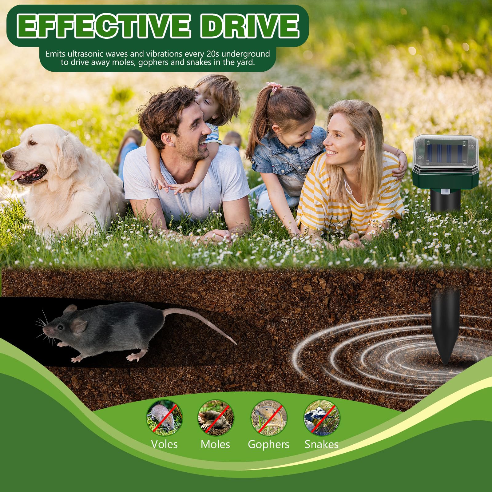 Scaccia Talpe Solare 4 Pezzi, Batteria Ricaricabile da 600mAh, Ultrasuoni Repellente Impermeabile per Talpe, Topi, Serpenti e Gopher, Efficace fino a 360 m², Ideale per Giardini, Prati e Aree Esterne