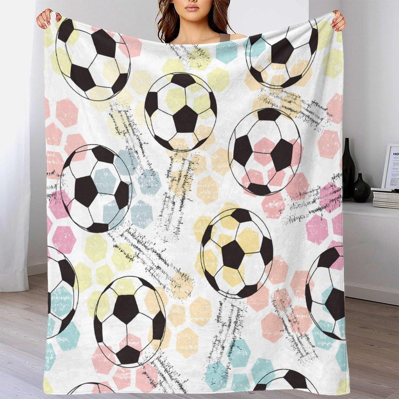 stampa 3D SoccerBallPattern coperta da viaggio microfibra biancheria da letto compatta coperta da viaggio morbida per giovani in vacanza HandDrawnStyle 70×80inch(180x200cm)