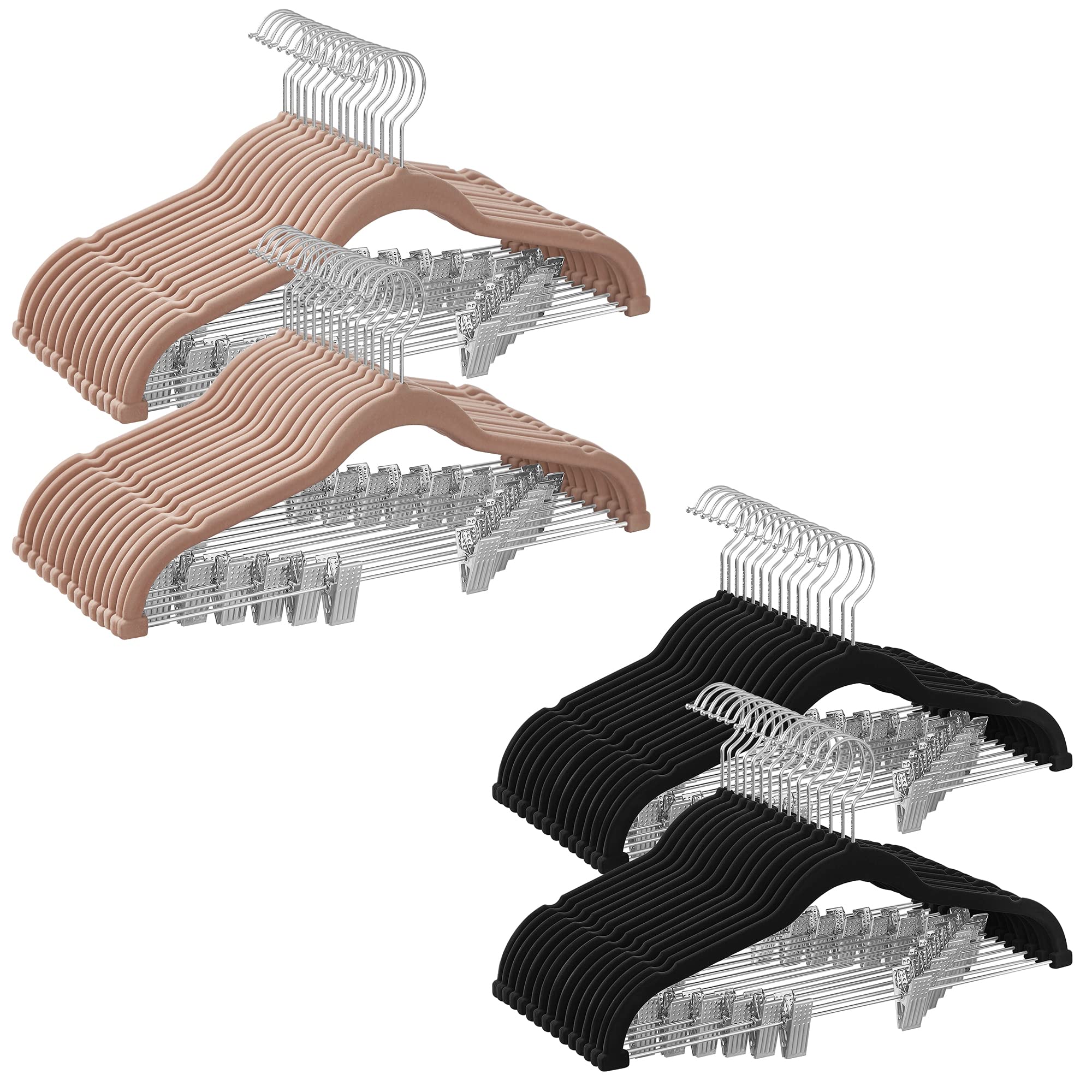 SONGMICS Clothes Hangers Bundle, Set of 30 with Set of 30, Pants Hangers with Adjustable Clips, Space-Saving, Non-Slip for Skirts, Coats, Dresses, Pale Brown and Black UCRF012LB30 and UCRF12