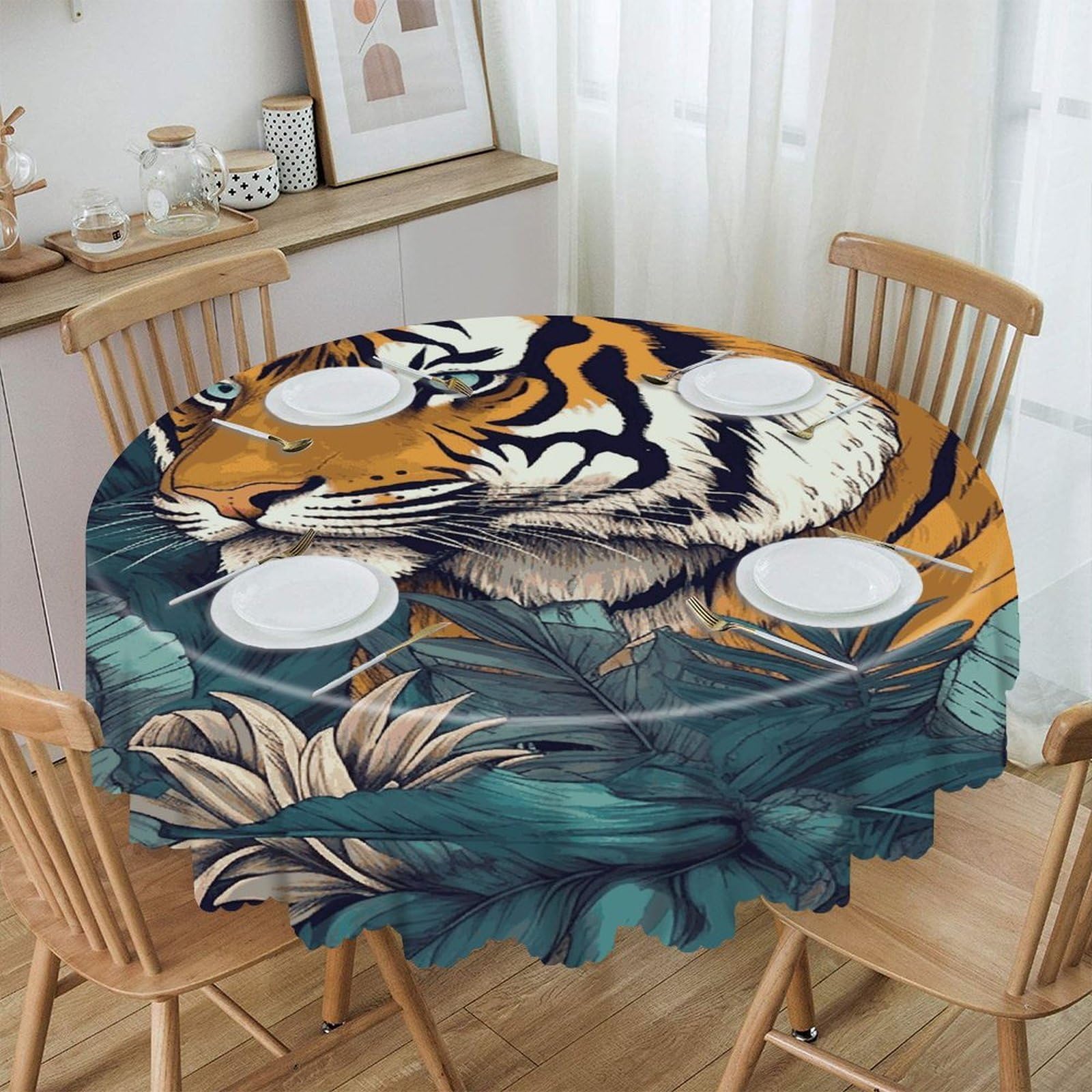 VstaDank Tropical Tiger Round Tablecloth 60 Inch Easy to Clean Circle Table Cover Thick Decorative Round Polyester Table Cloth for Dining Kitchen Party Farmhouse Outdoor
