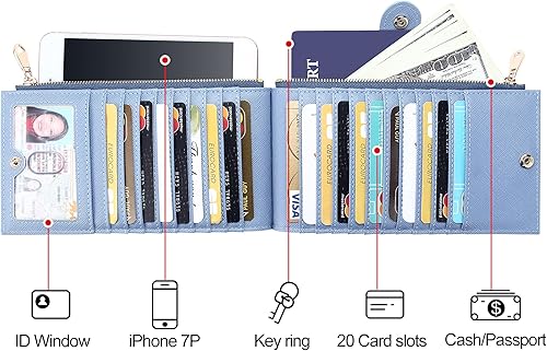 Miniatura 4 de Cartera delgada para mujer, con bloqueo RFID, plegable, para tarjetas de crédito, organizador de múltiples tarjetas de cuero con 2 bolsillos con