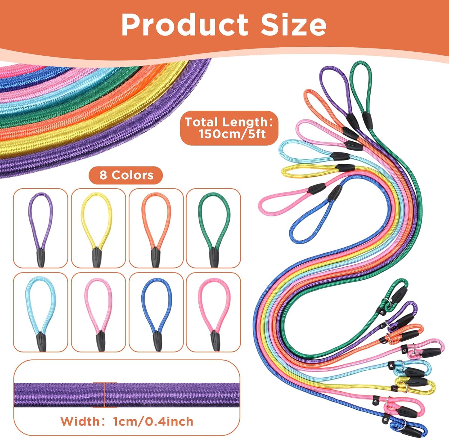 スリップリード 犬用リード 8個 5フィート 調節可能 犬用スリップリード 高耐久 引っ張りなし トレーニングリード 小型/中型犬に