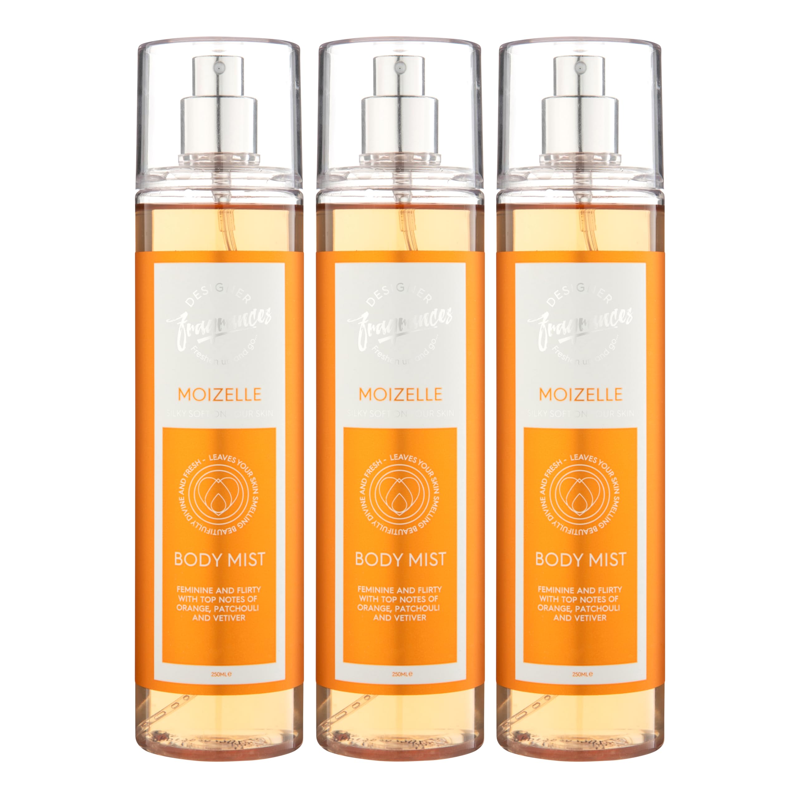 Designer Fragrances 3 Pack Moizelle Bundle - Women's Feminine Body Mist Spray Bottles - For Silky Soft, Beautifully Smelling Divine & Fresh Skin, Revitalizing, Hydrating - Great Gifts - 250ml