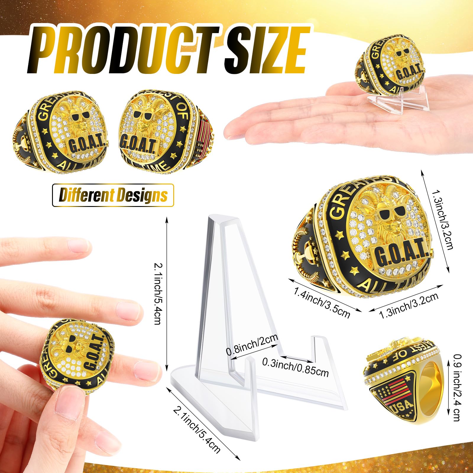 Misdary 6 Pcs Soccer Baseball Basketball Championship Rings with Holder Most Valuable Player Trophy Gold Ring Award Gift Team Prize for Football Tournament Winner (Goat)