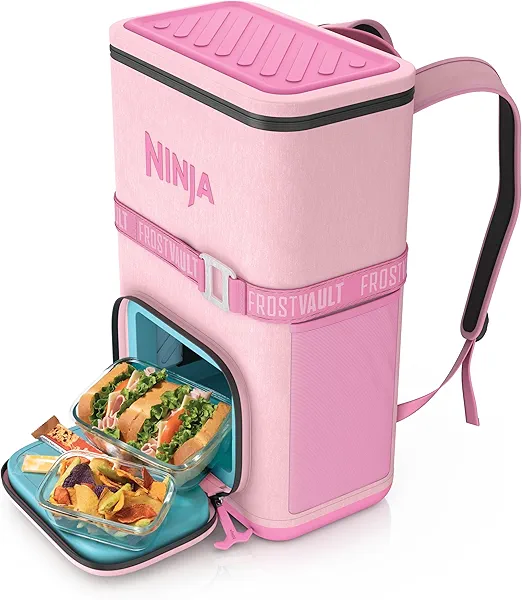 Ninja FrostVault Go Backpack Soft Cooler with Cold Dry Zone Storage, Ergonomic Backpack Straps for Lightweight Carrying, Premium Heavy Duty Insulated Cooler, Keeps Ice for Hours, Petal Pink, FF124PK