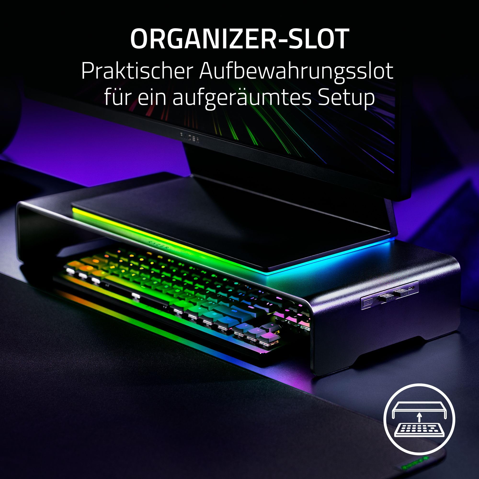 Razer Monitor Stand Chroma - Aluminium Monitor Ständer mit 4-fach-USB-C Hub mit Chroma RGB (50cm x 21cm x 7,85cm, Robuste Konstruktion, 20 kg Traglast, Ergonomische Höhe) Schwarz