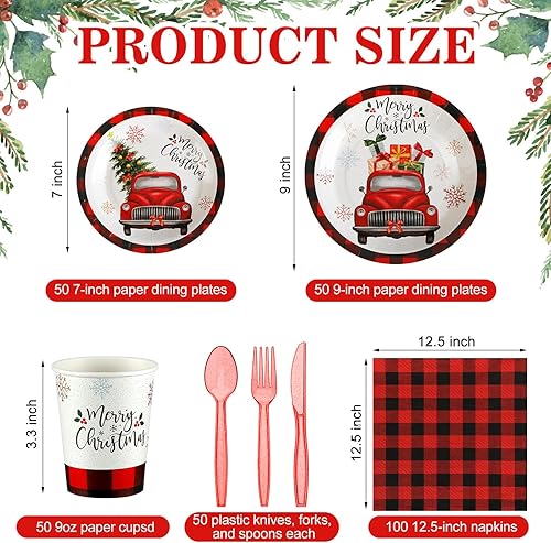 Miniatura 2 de Umigy 400 Pcs Christmas Disposable Dinnerware Set for 50 Guests Christmas Truck Paper Plates and Napkins Cups Plastic Forks Knives Spoons Set, Xmas