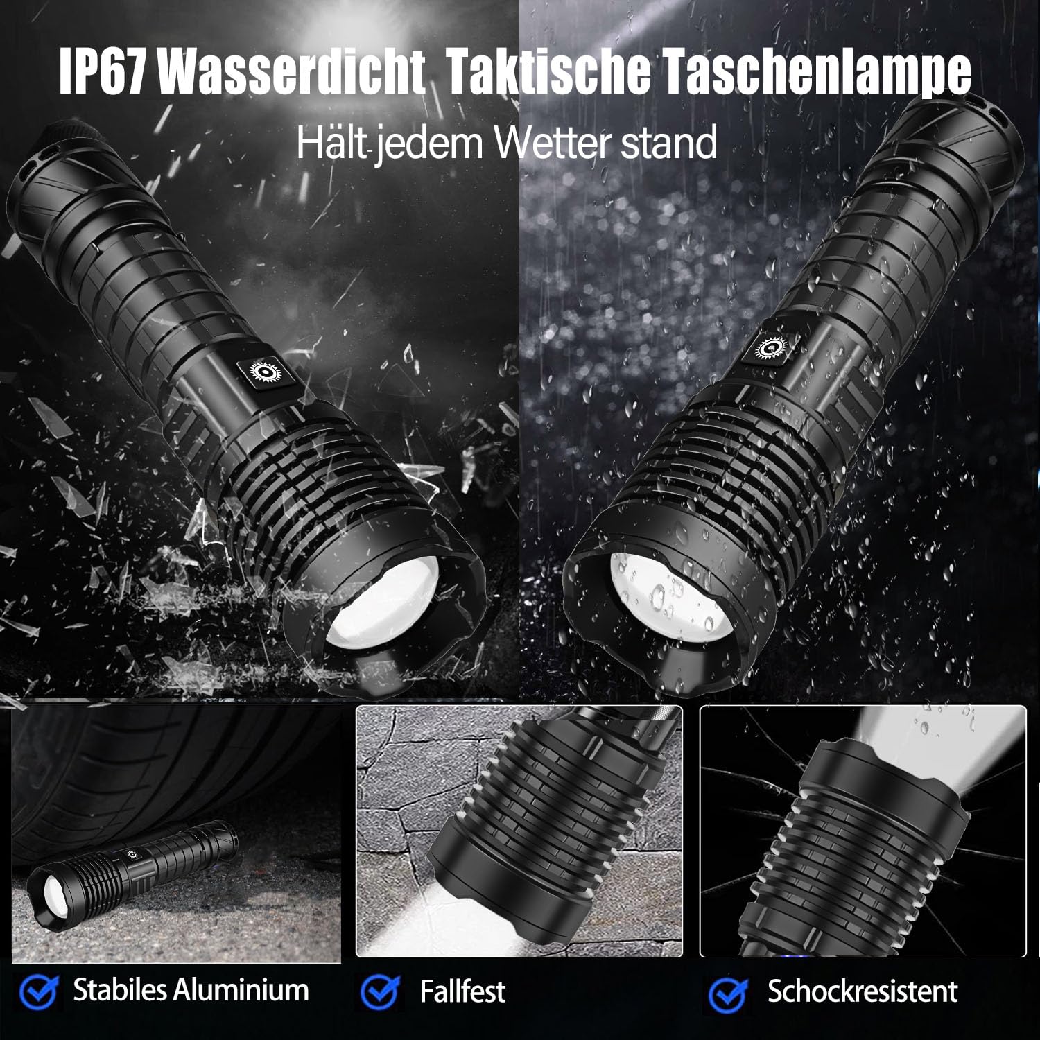 MAYTHANK LED Taschenlampe 6000 Lumen – USB-aufladbar, Wasserfest, Mit Seitenlicht