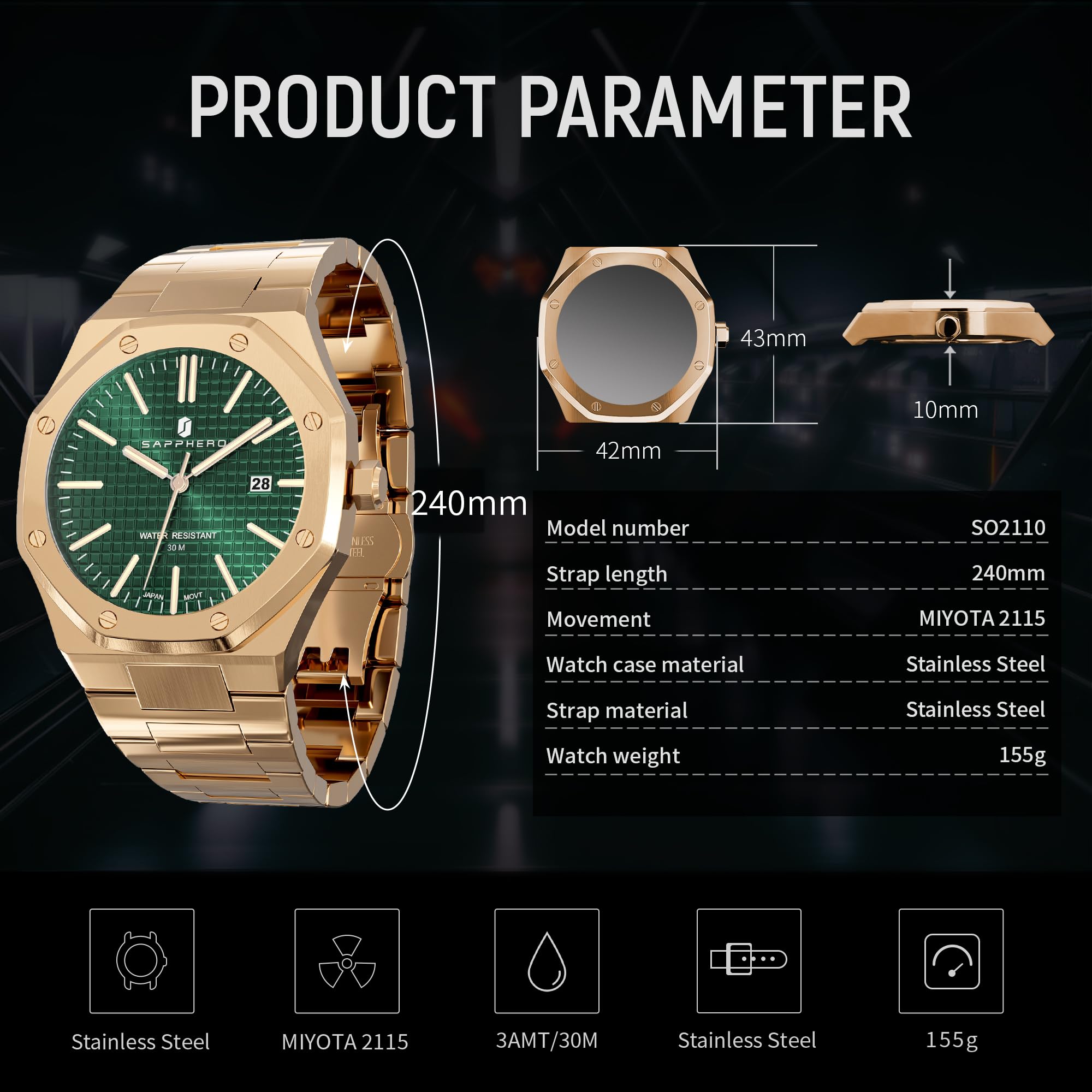 SAPPHERO Orologio Uomo Impermeabile 30M Al Quarzo Argento Cinturino Acciaio Inox Data Calendario Nero Blu Uomini Orologi Regali da Polso per gli Uomini