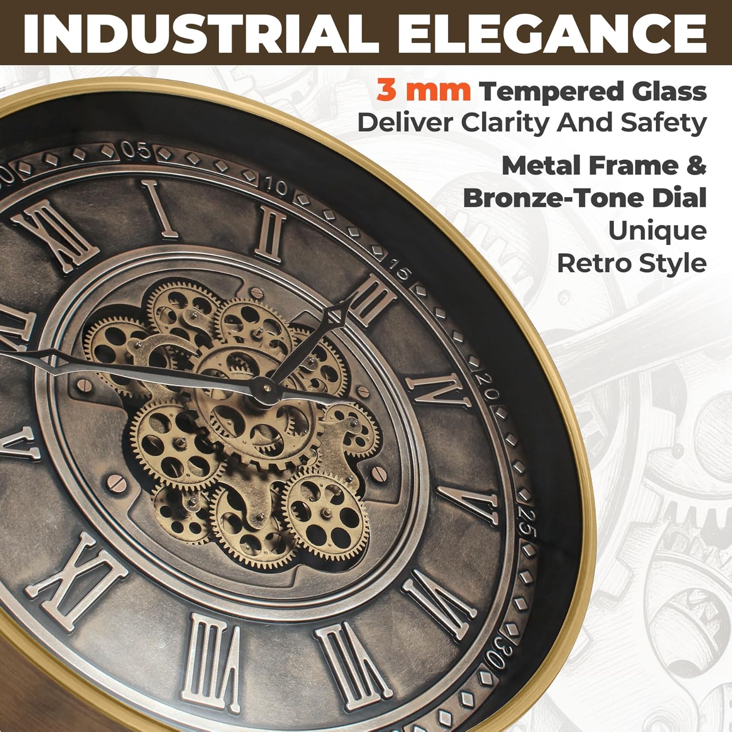 24 Inch Antique Bronze Industrial Steampunk Wall Clock with Real Moving Gears, Metal Oversized Gear Clock with Tempered Glass, Silent Quartz Vintage Farmhouse Decor