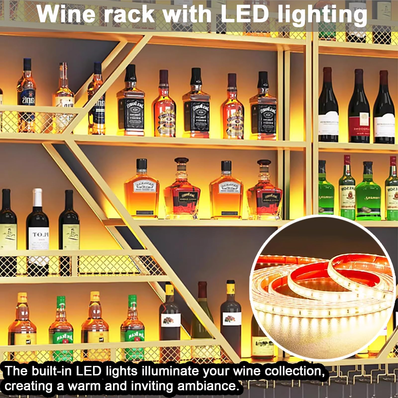 X2 Portabottiglie Da Parete Con LED 99 Cm – 3 Ripiani In Metallo, Portabicchieri, Per Liquori E Calici - 6