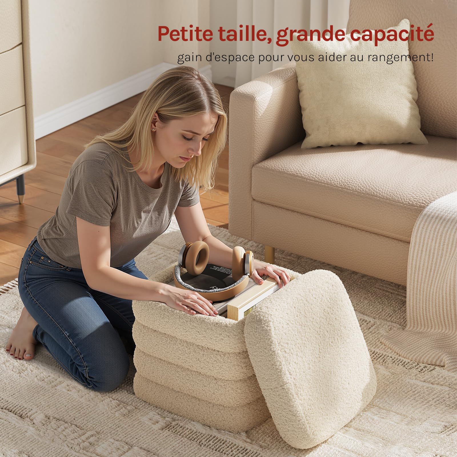 WOLTU Tabouret de Rangement Pliant, Pouf Coffre, en Polaire Teddy