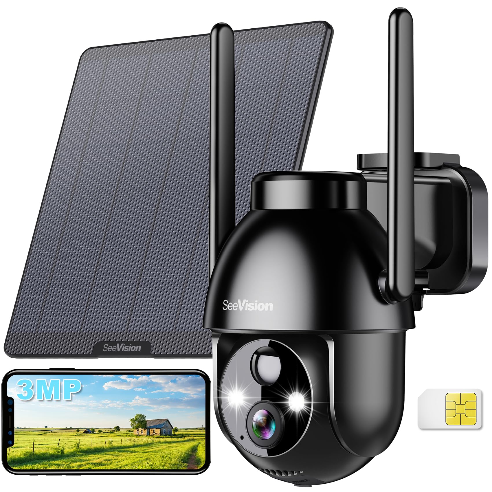 4G LTE Cellular Security Camera, Solar Security Cameras Wireless Outdoor with Built in SIM Card, No WiFi Security Camera Featuring 3MP 2K HD, PIR Motion Detection, Color Night Vision, 2-Way Talk