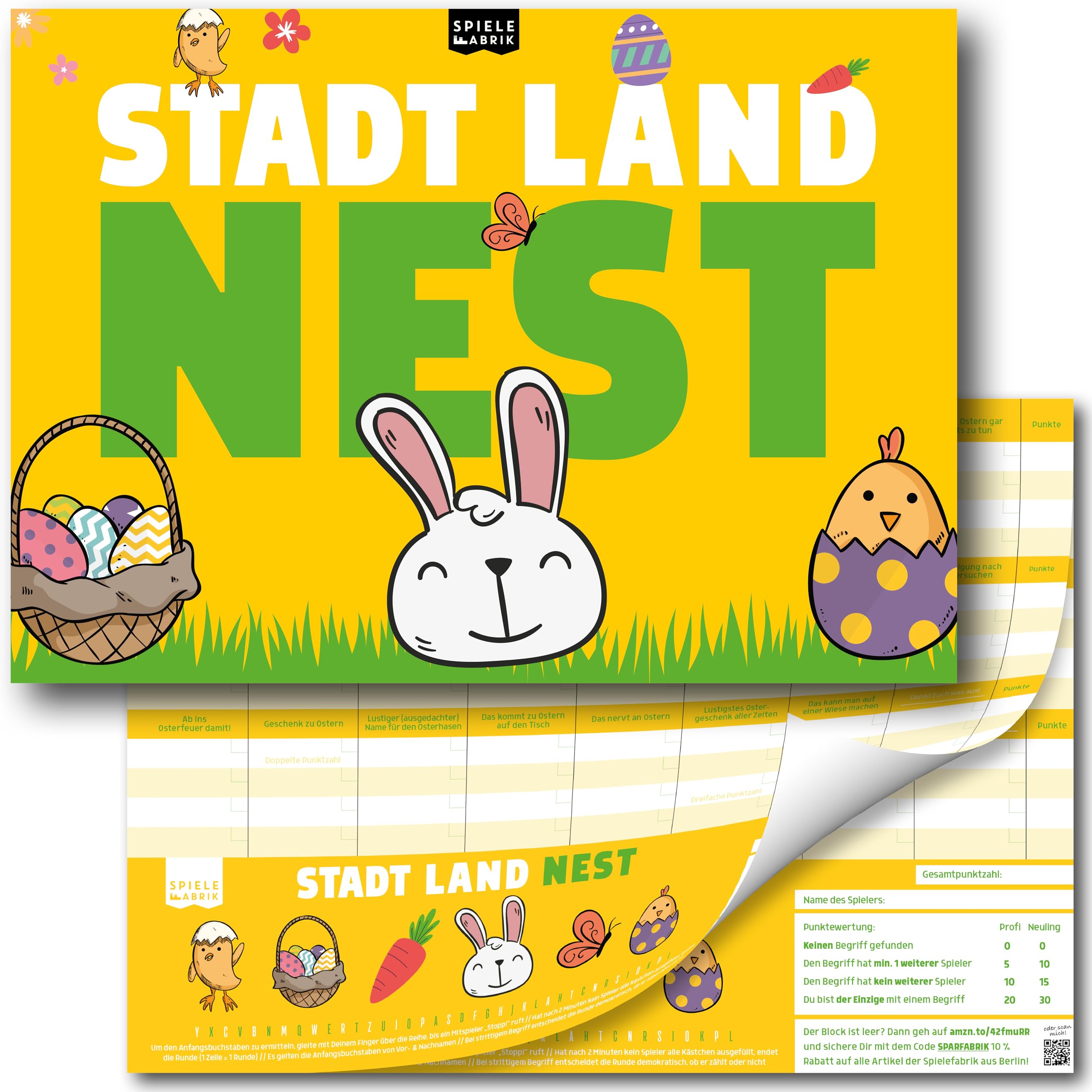 Spielefabrik Stadt Land Fluss Ostern Geschenk Nest Lustiges Familienspiel Quiz Hase Der Spielblock A4 mit 24 Oster-Kategorien als Ostergeschenk für Kinder, Teenager und Erwachsene | 50 Blatt