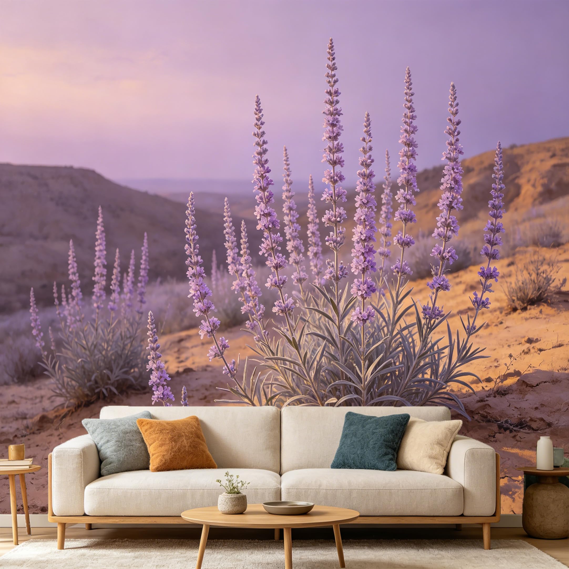Custom Size Wall Mural Purple Wildflower Desert Sunset Botanical Nature Landscape SelfAdhesive Art Prints wall Fabric（No PVC） Removable Wallpaper Home Bedroom Decor