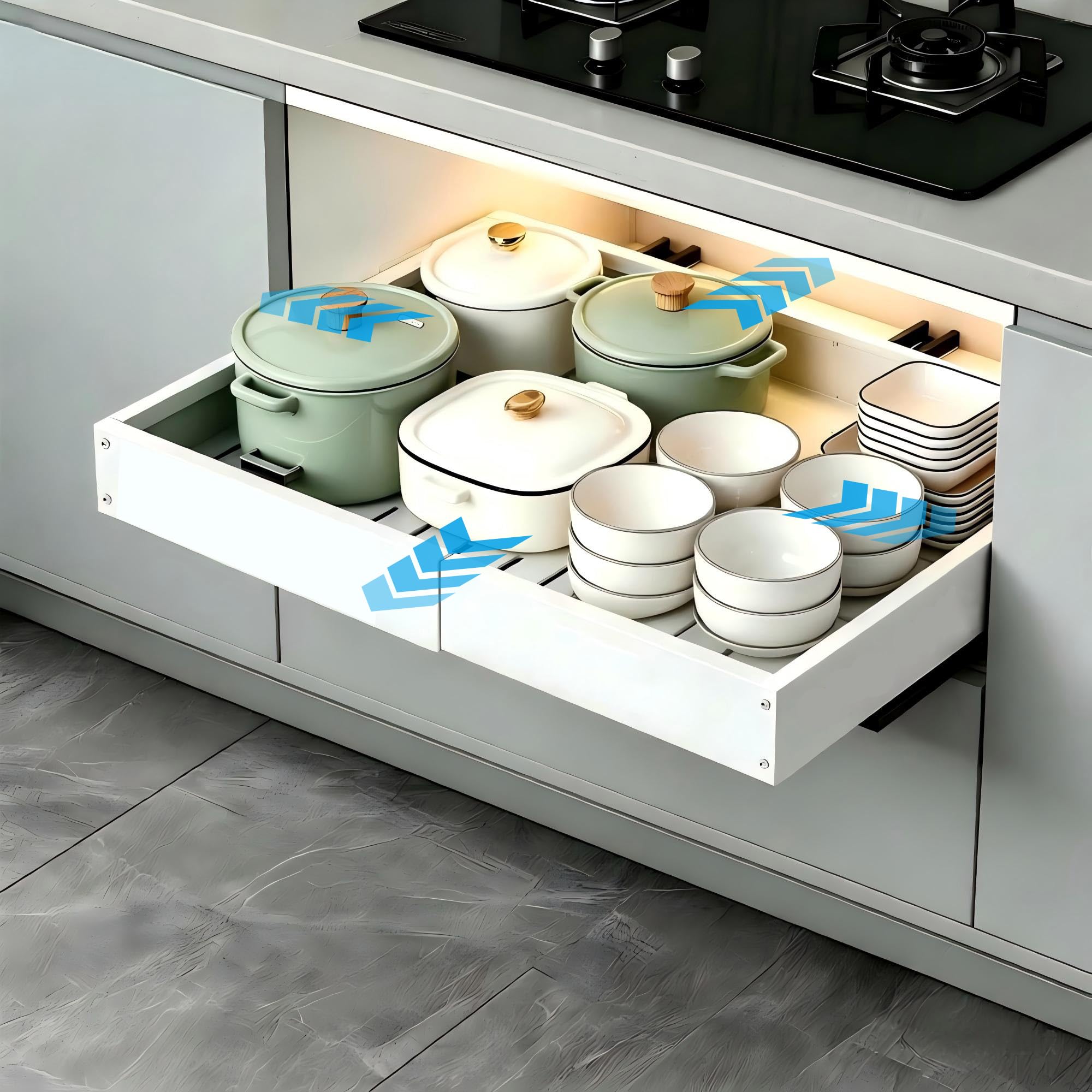 RAXCO 4-Way Expandable Pull Out Cabinet Organiser, Width and Depth Adjustable Carbon Steel Sliding Drawer, No Drill Installlation, 3-Rail System for Kitchen, Bathroom, Pantry