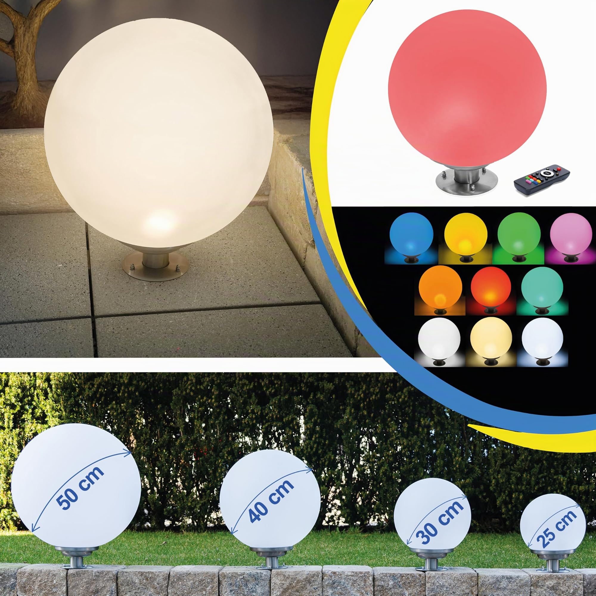 Esotec Solar Leuchtkugel Liana 40 CCT, Multicolor, Fernbedienung, Edelstahl Standfuß, Li-Ion Akku, RGB LED Gartenkugel, Solarkugel, IP44, wetterfest, Winterfest, außen, D=40cm, 102664