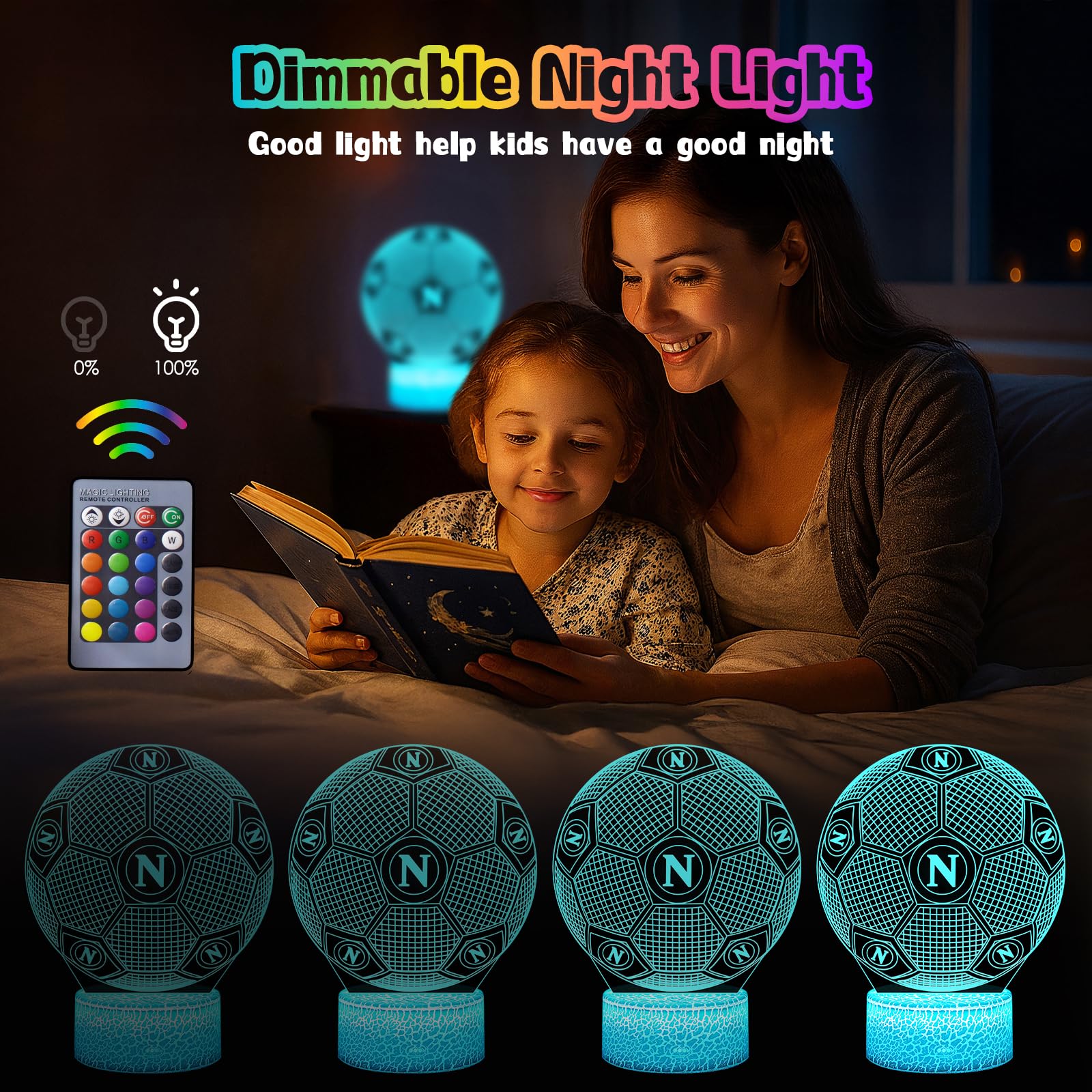 2 Pezzi Napoli Calcio Lampada - Calcio Regalo Bambini, 16 Colori Luce Notturna Calcio Intelligente Con Telecomando a 3D LED Illusione Idea Regalo di Natale Calcio Decorazione Per la Camera dei Bambin